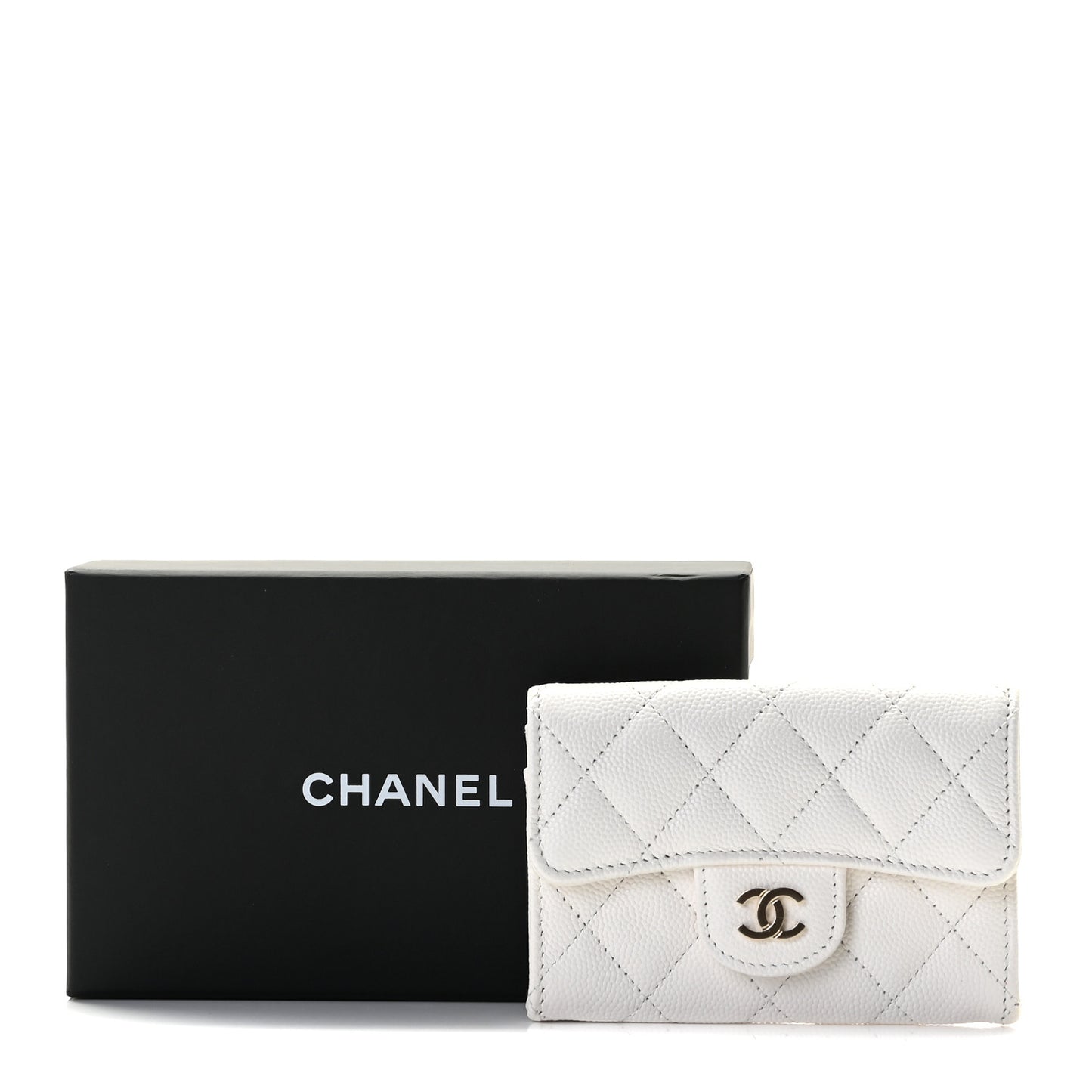 Caviar Quilted Flap Card Holder Wallet White