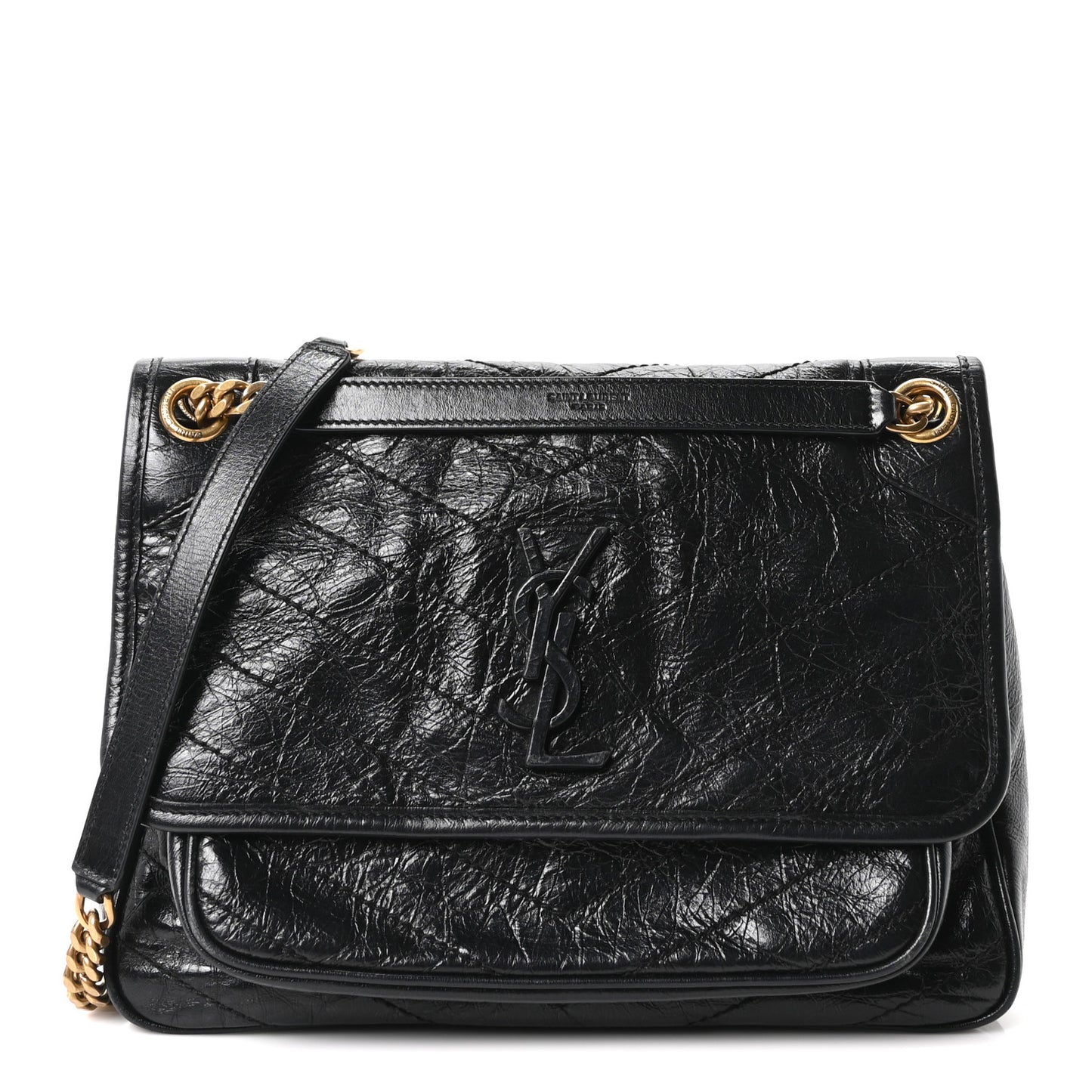 Crinkled Calfskin Matelasse Monogram Medium Niki Chain Satchel Black