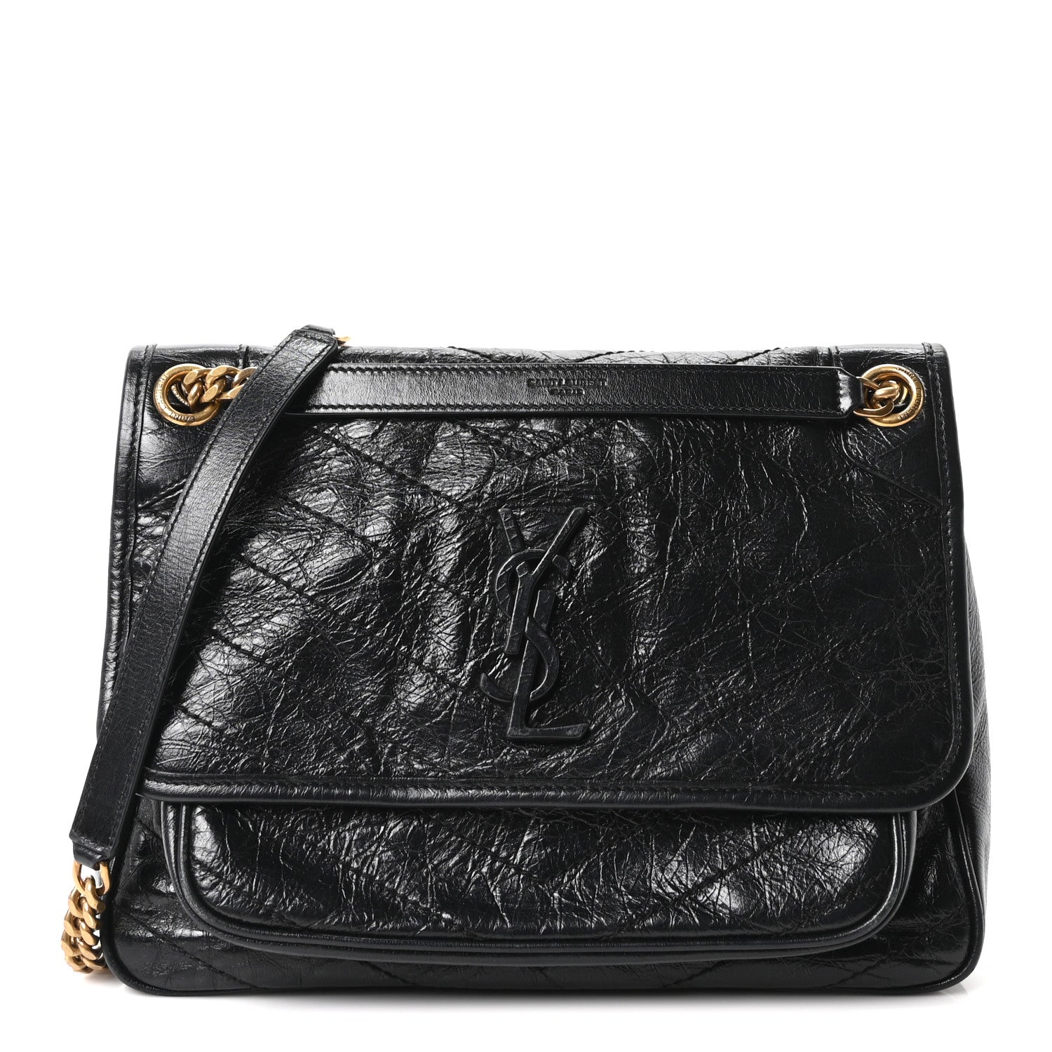 Saint Laurent Crinkled Calfskin Matelasse Monogram Medium Niki Chain Satchel Black 1 of 9