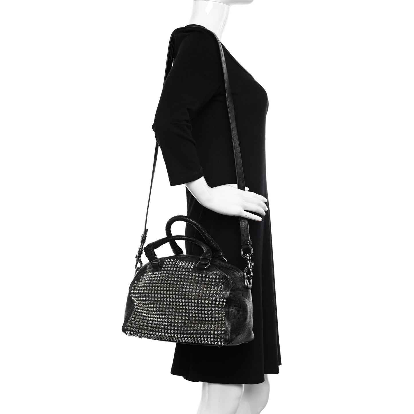 Grained Calfskin Studded Panettone Bowling Bag Black