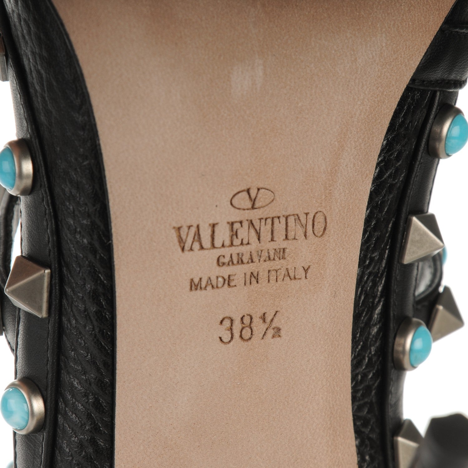 Valentino Garavani Pebbled Calfskin Turquoise Rockstud Rolling Ankle Strap 100mm Pumps 38.5 Black 5 of 7