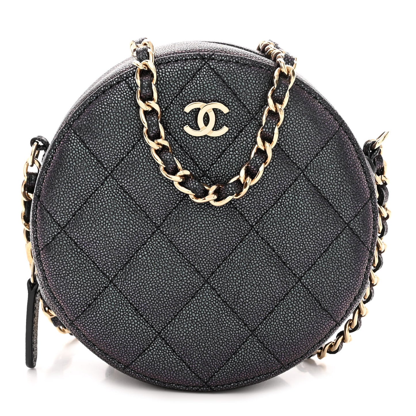 Iridescent Caviar Quilted Round Clutch With Chain Navy