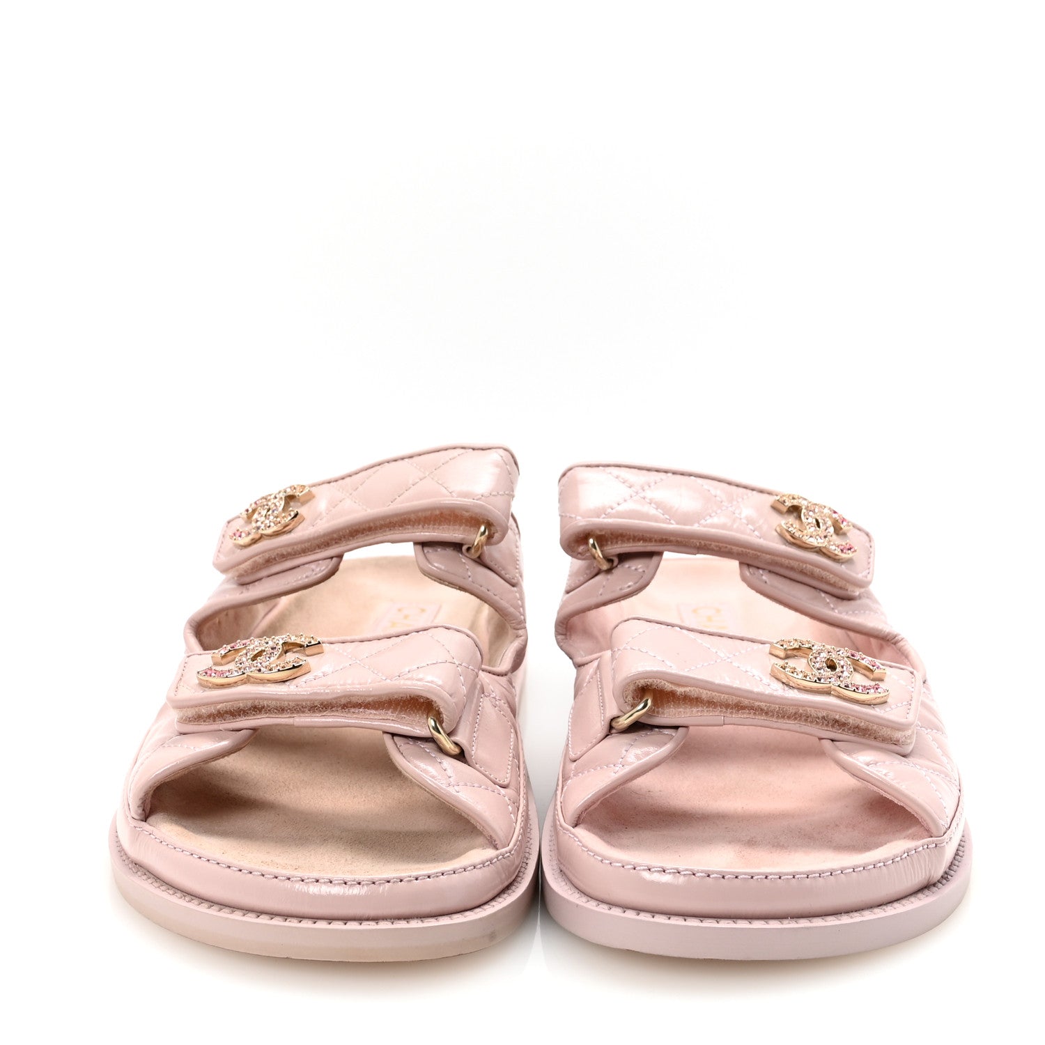 Chanel Shiny Calfskin Crystal Quilted Velcro Dad CC Slide Sandals 39 Light Pink 3 of 9