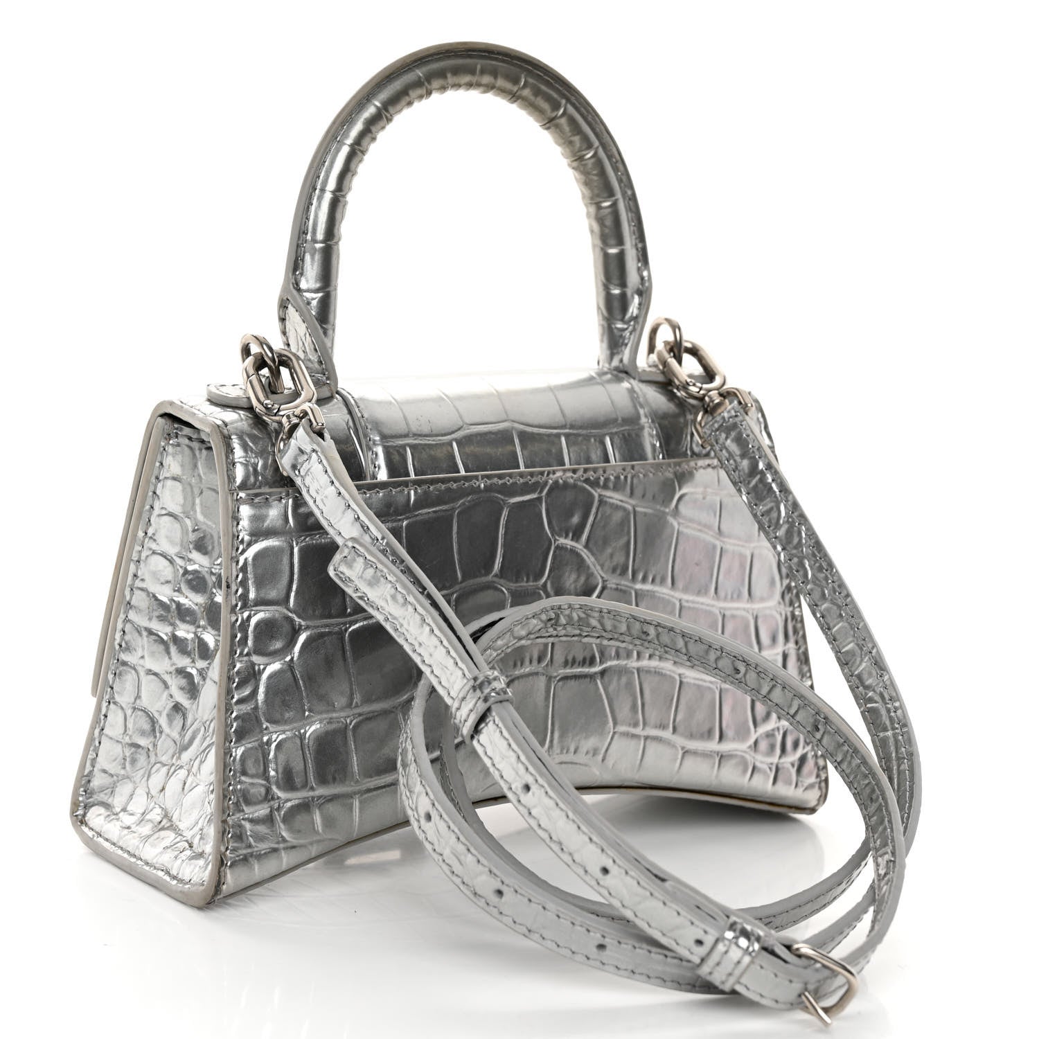 Balenciaga Metallic Calfskin Crocodile Embossed Hourglass Top Handle Bag XS Silver 3 of 12