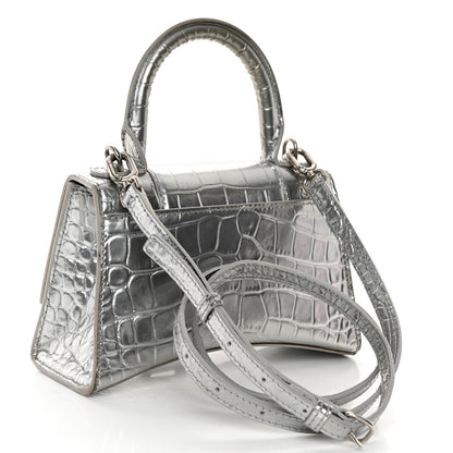 Balenciaga Metallic Calfskin Crocodile Embossed Hourglass Top Handle Bag XS Silver 3 of 12