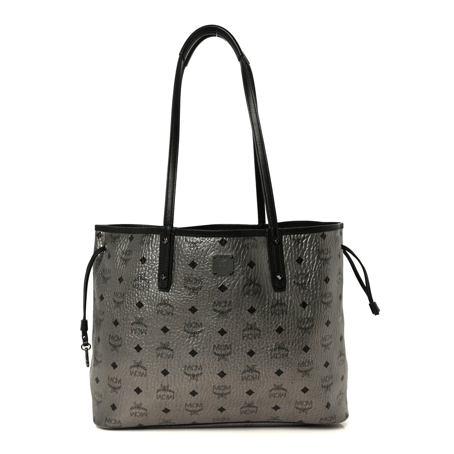 Metallic Visetos Medium Reversible Shopper Tote Silver Black