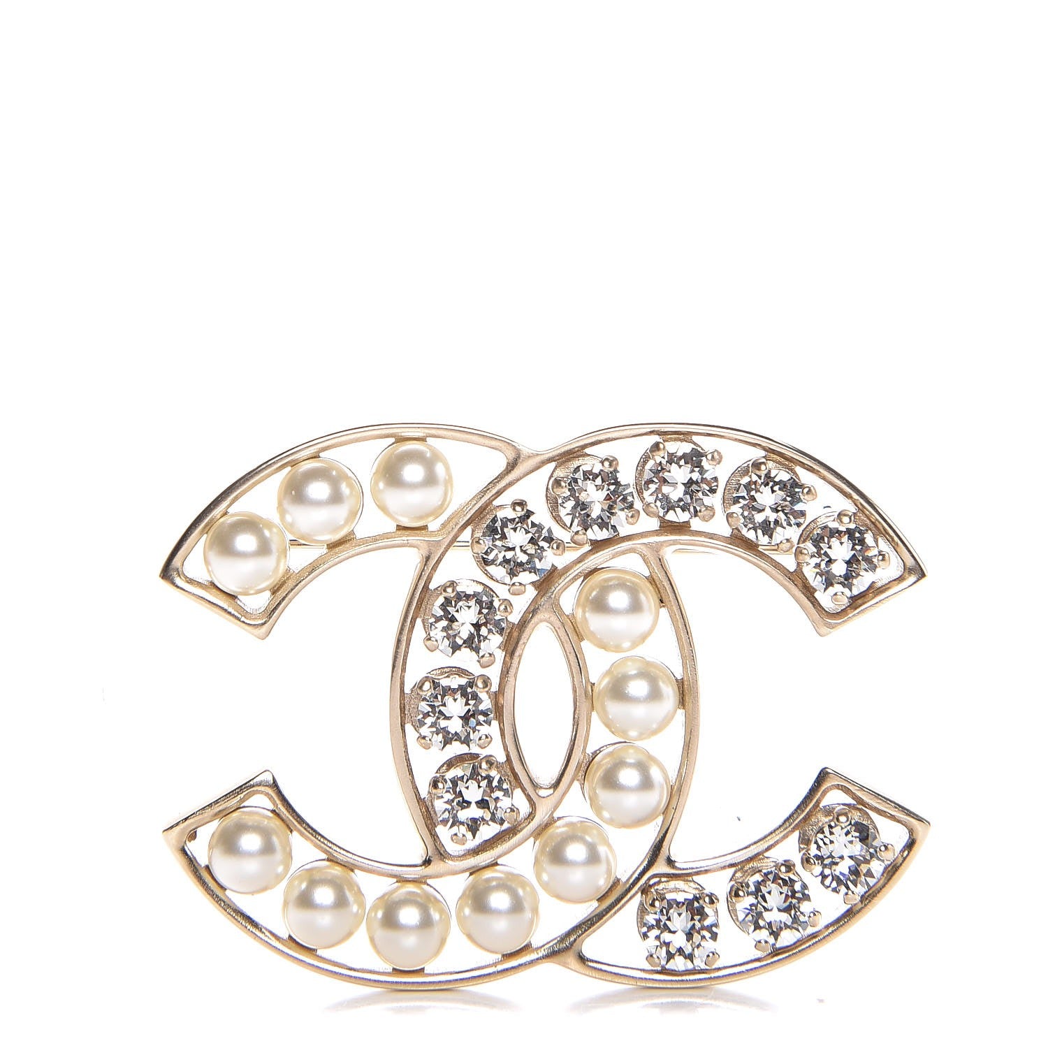 Chanel Pearl Crystal CC Brooch Gold 1 of 5
