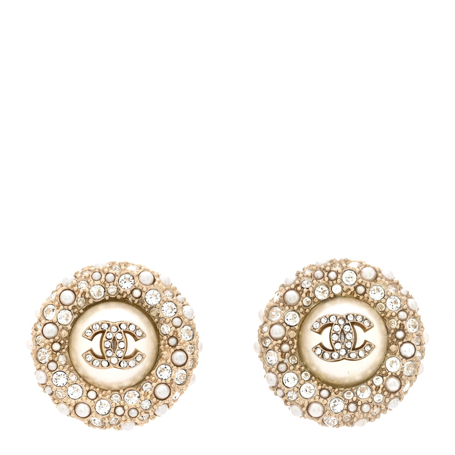 Chanel Pearl Crystal CC Round Earrings Light Gold 1 of 5