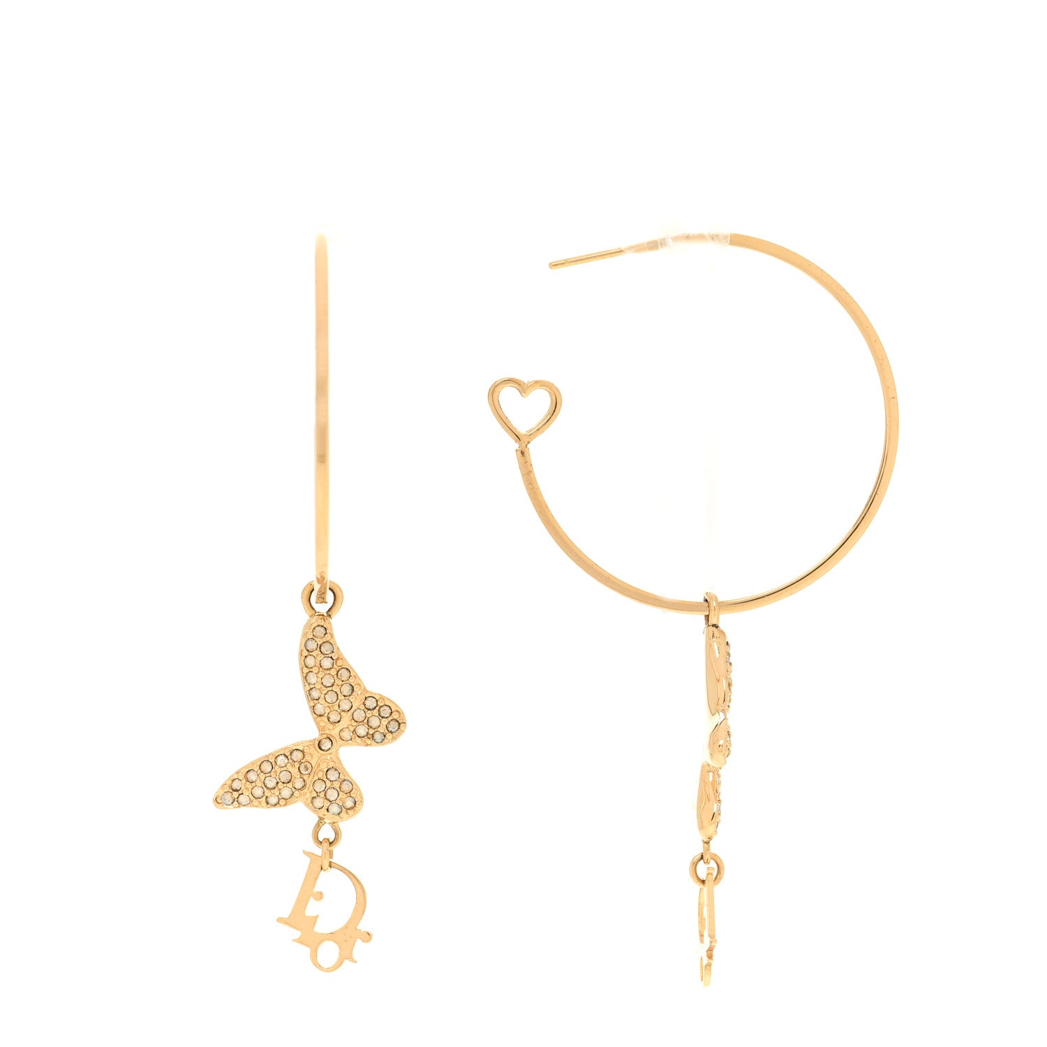 Christian Dior Metal Crystal Butterfly Logo Hoop Earrings Gold 1 of 6