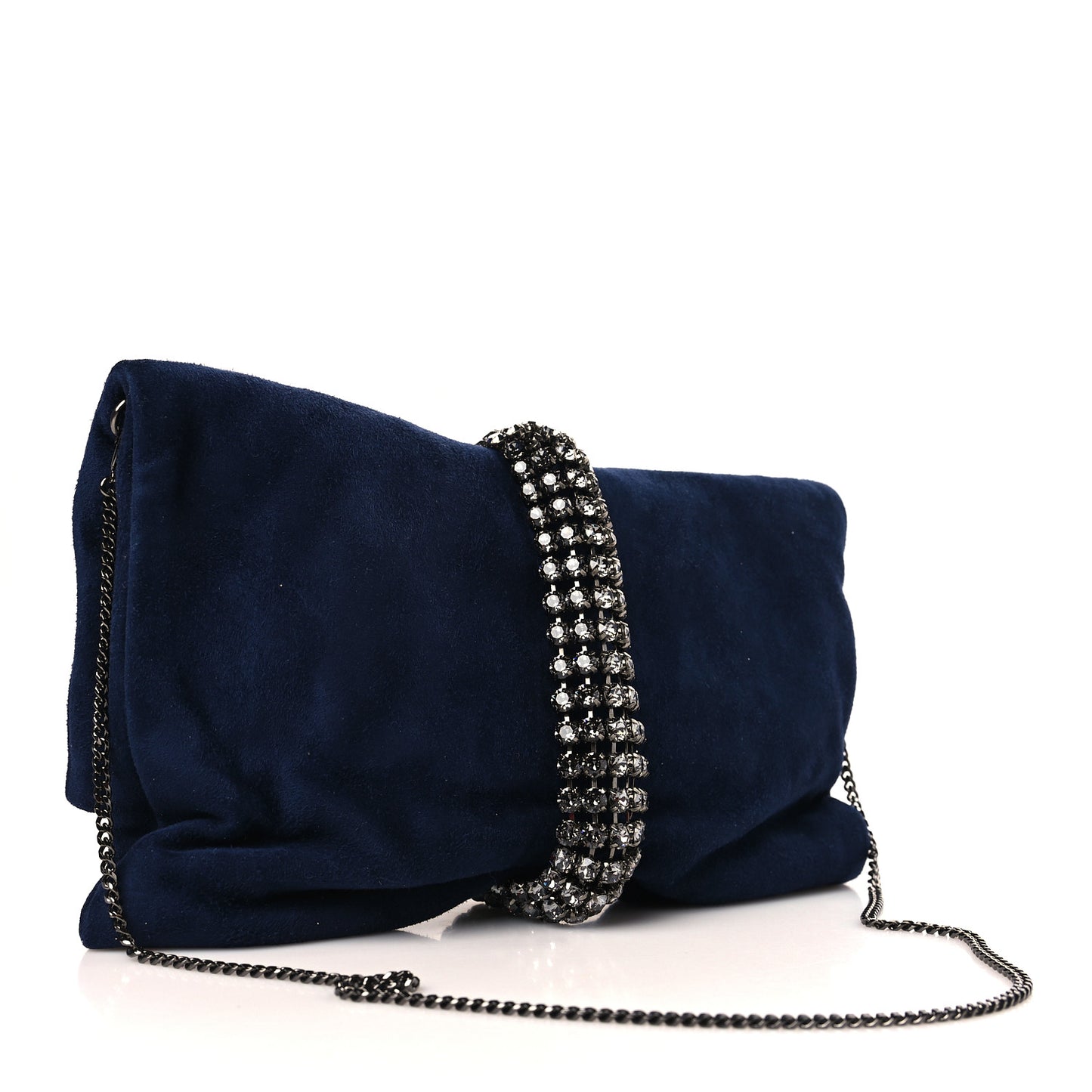 Suede Crystal Chandra Chain Clutch Navy