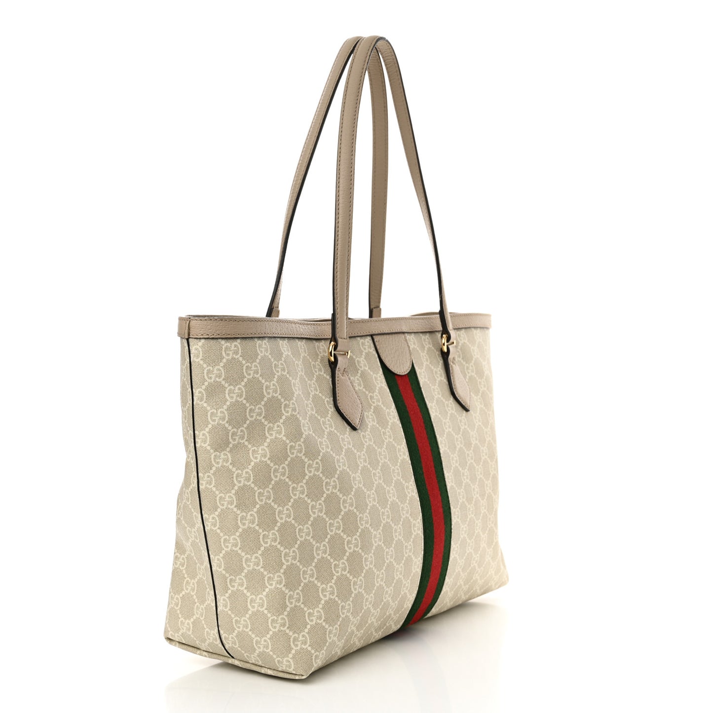 GG Supreme Monogram Textured Dollar Calfskin Web Medium Ophidia Shopping Tote Beige Mystic White Oatmeal
