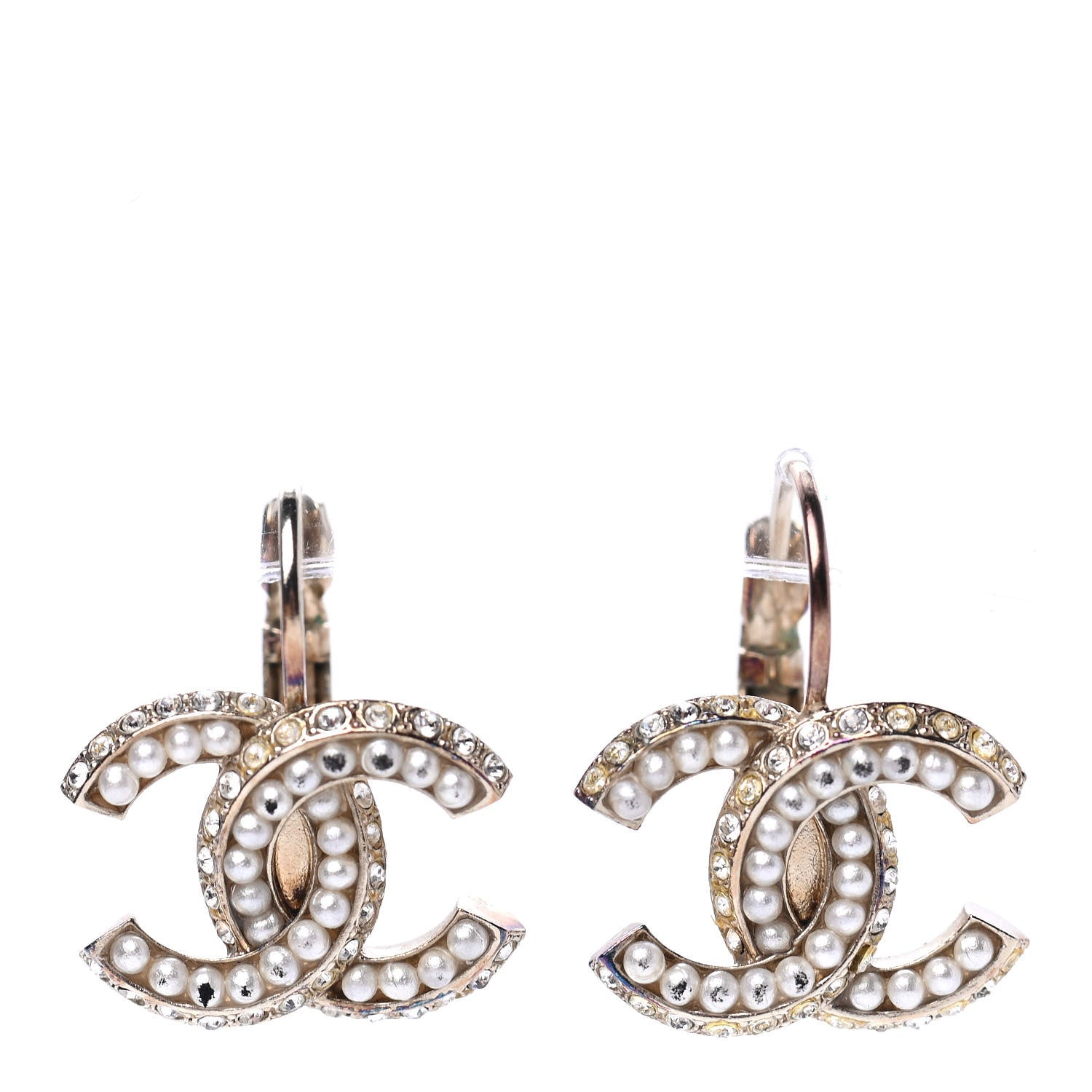 Chanel Crystal Pearl CC Dangle Earrings Gold 1 of 6