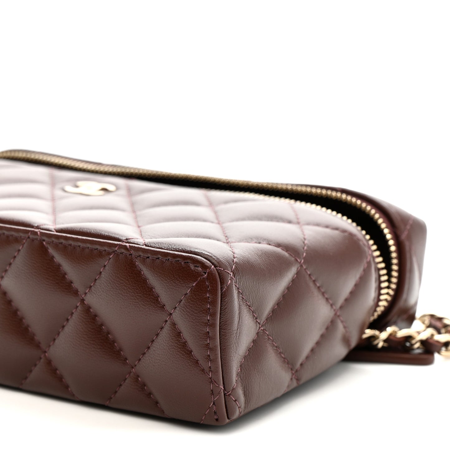 Lambskin Quilted Top Handle Slim Vanity With Chain Dark Brown