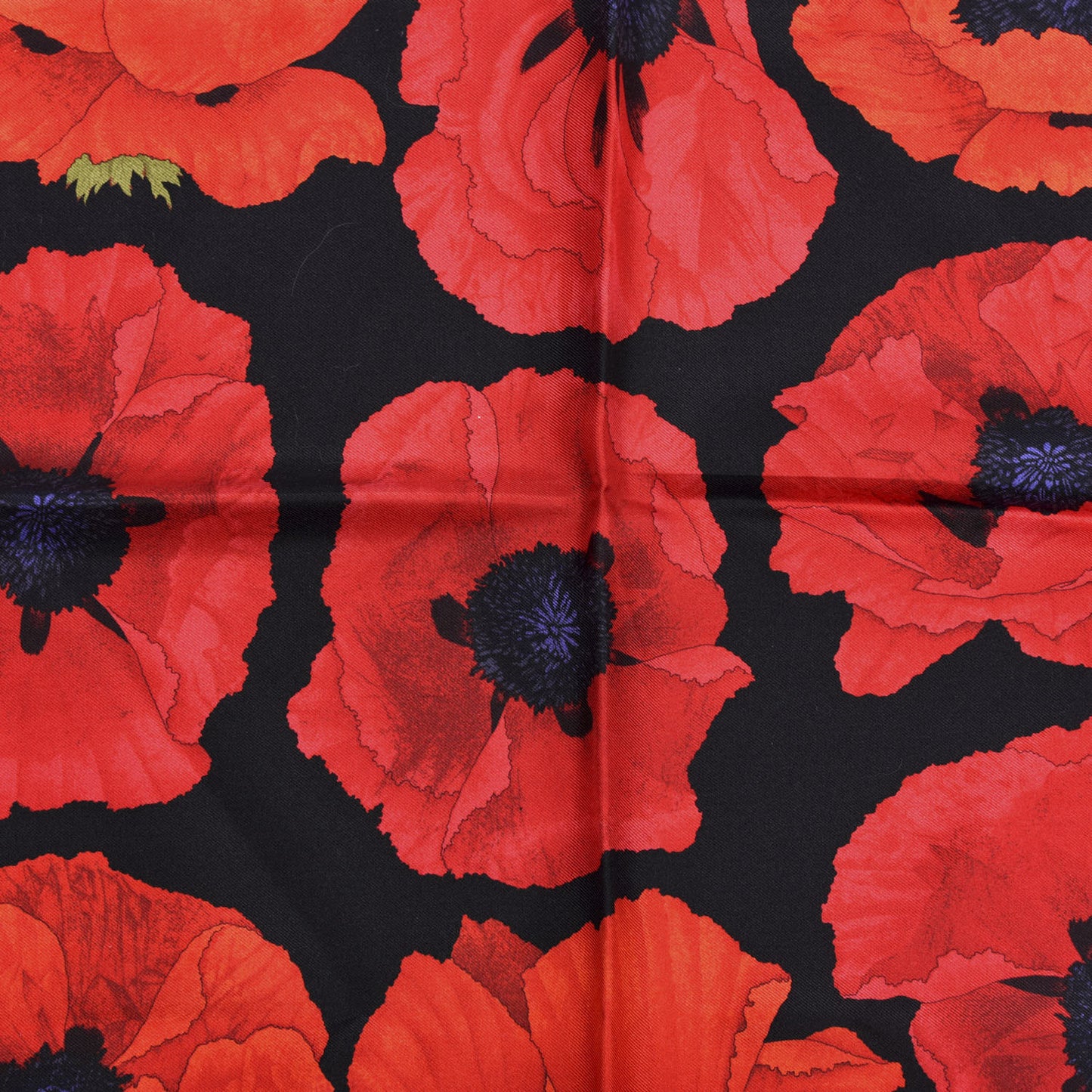 Silk Poppy Print Square Scarf Black Red
