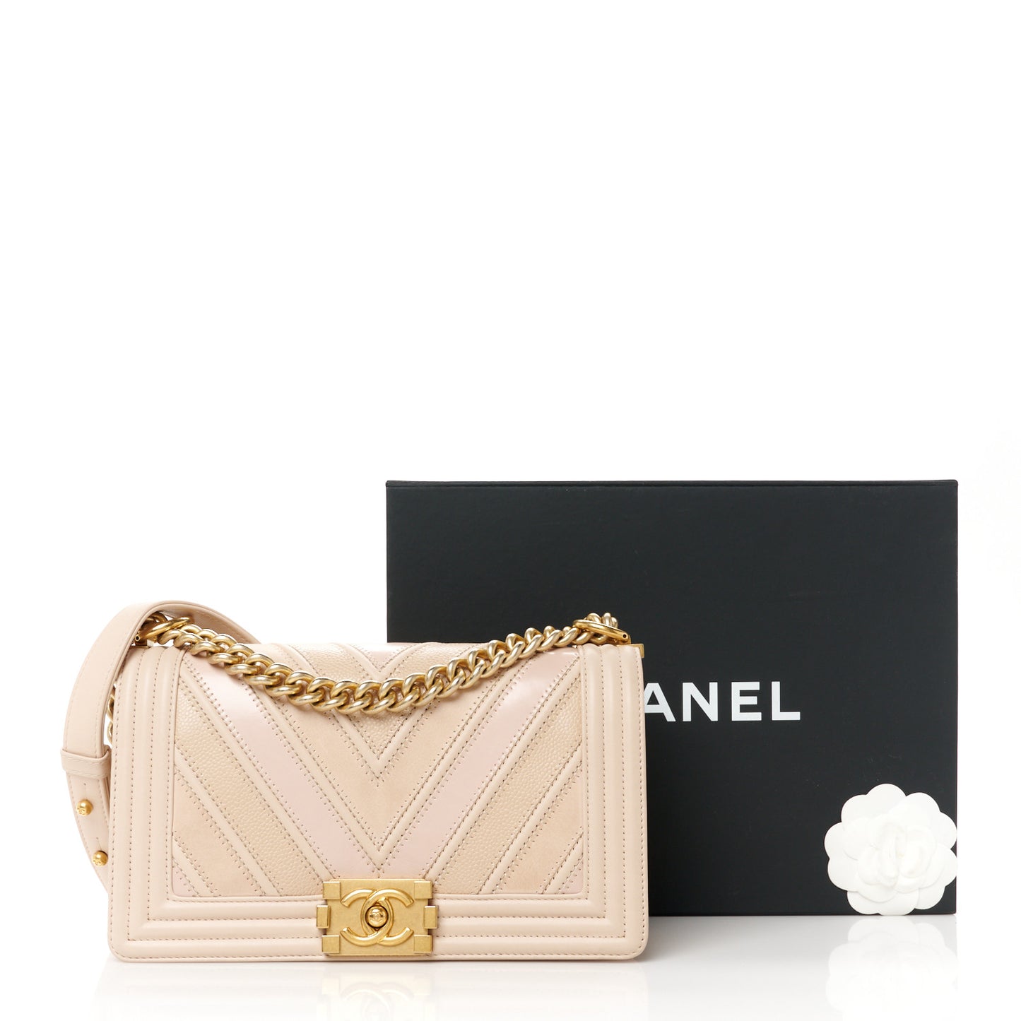 Caviar Suede Calfskin Chevron Medium Boy Flap Beige