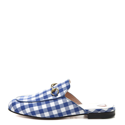 Gucci Cotton Gingham Womens Princetown Slippers 37.5 White Blue 1 of 8