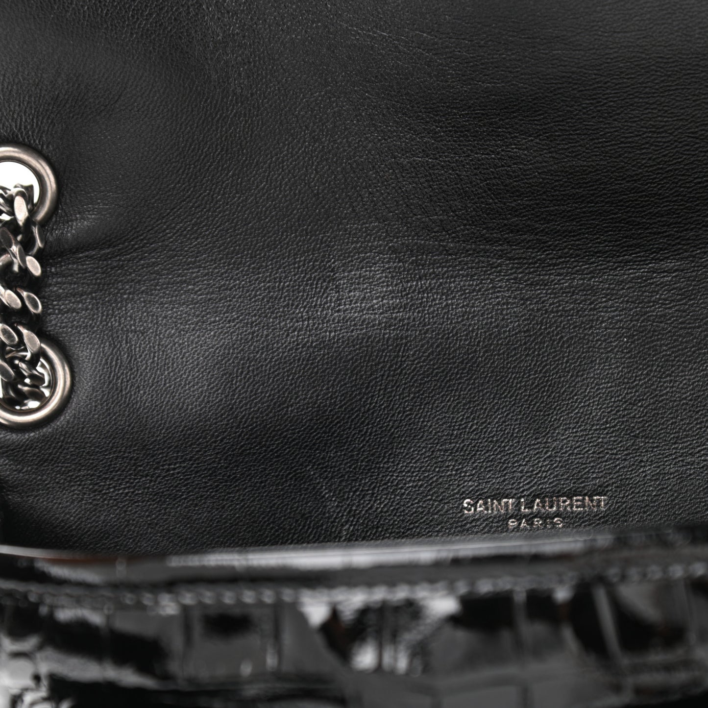 Patent Crocodile Embossed Lambskin Monogram Baby Niki Chain Satchel Black