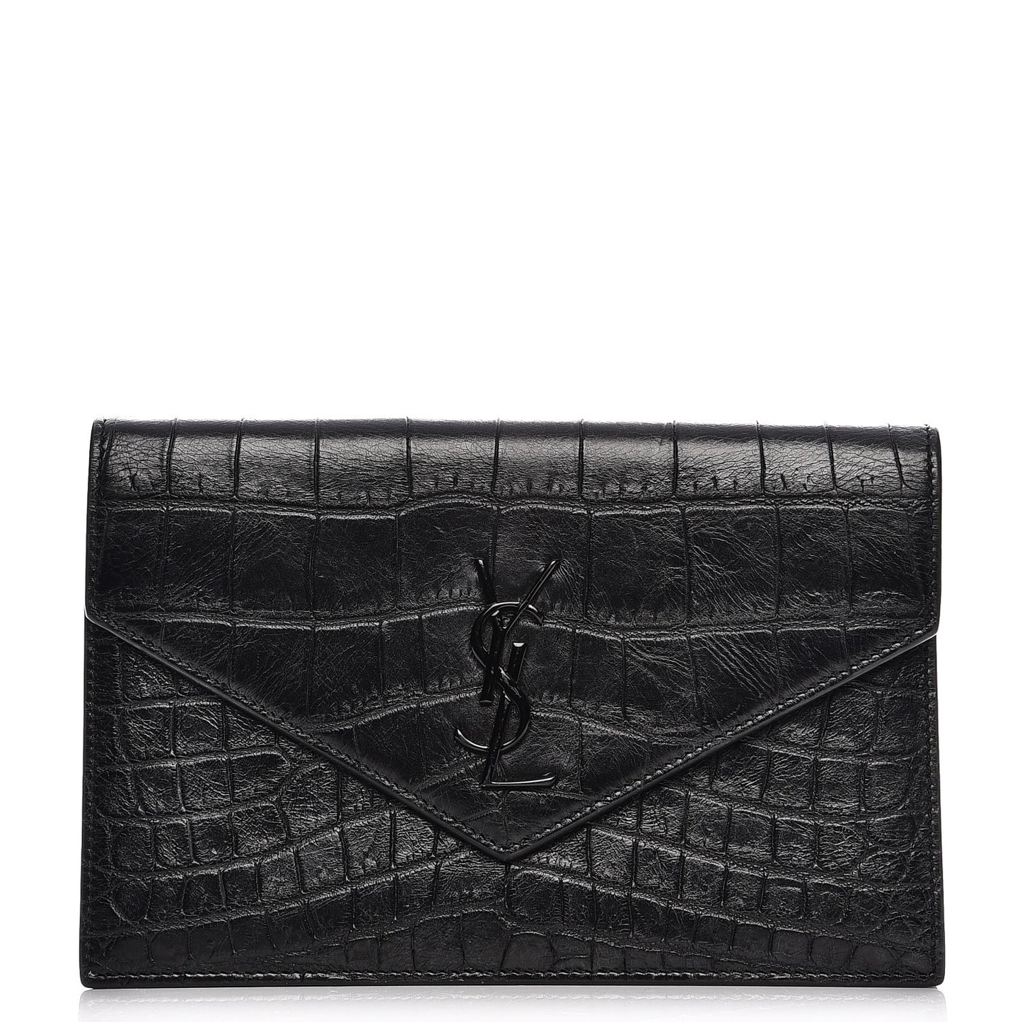 Calfskin Crocodile Embossed Monogram Chain Wallet Black