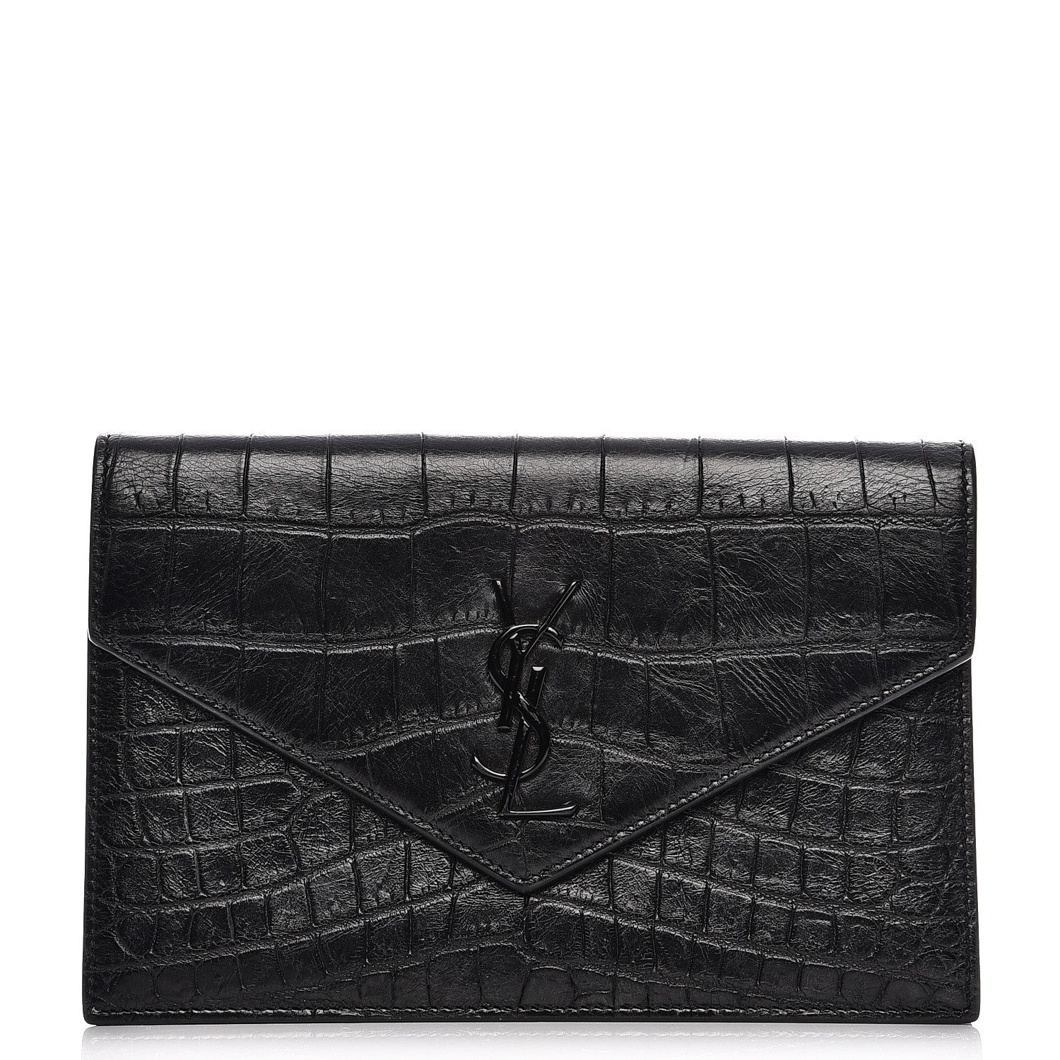 Saint Laurent Calfskin Crocodile Embossed Monogram Chain Wallet Black 1 of 8