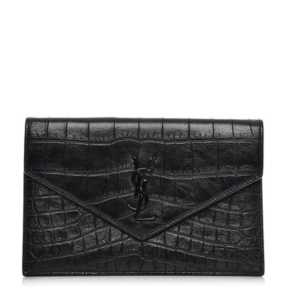 Saint Laurent Calfskin Crocodile Embossed Monogram Chain Wallet Black 1 of 8