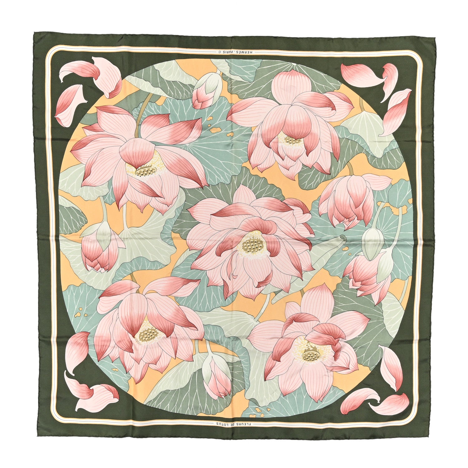Hermes Silk Fleurs de Lotus Scarf 90 Green Pink 1 of 4