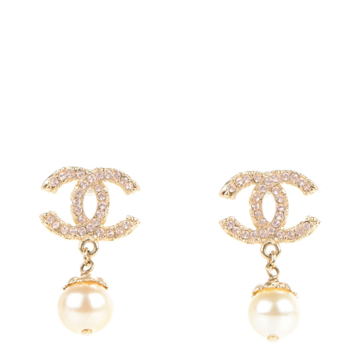 Crystal Enamel Pearl CC Drop Earrings Light Gold