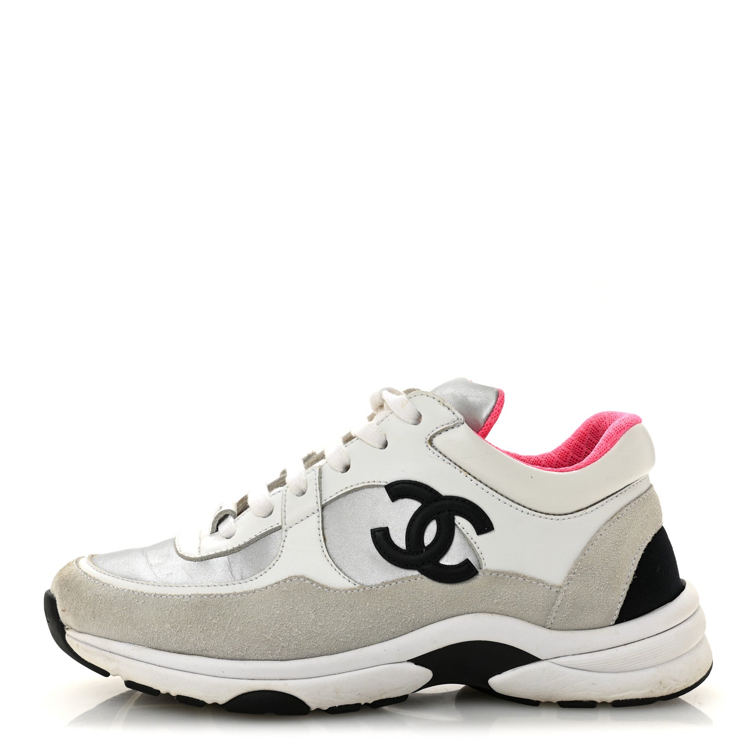 Chanel Calfskin Fabric Sneakers 36 White Silver Fluo Pink 1 of 14