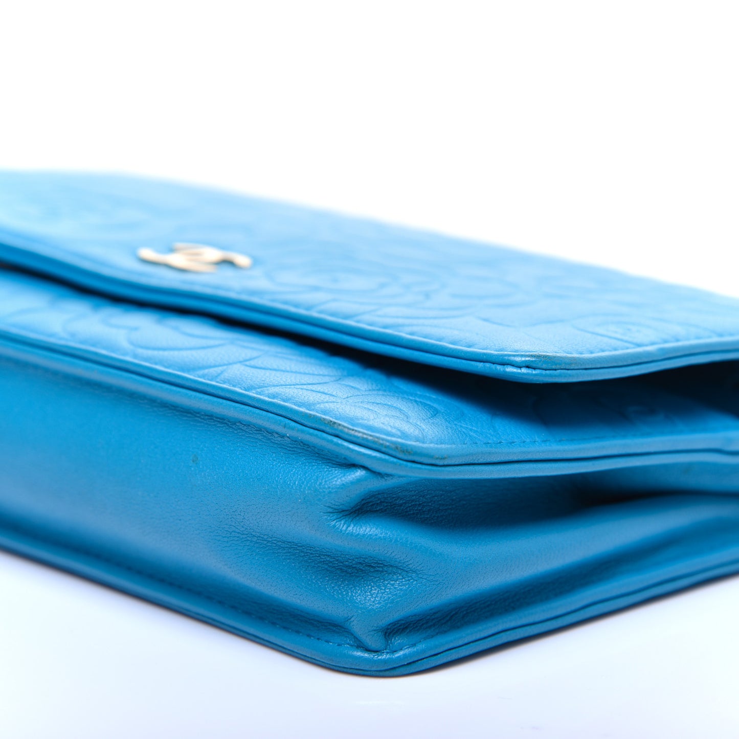 Lambskin Camellia Embossed Wallet On Chain WOC Turquoise