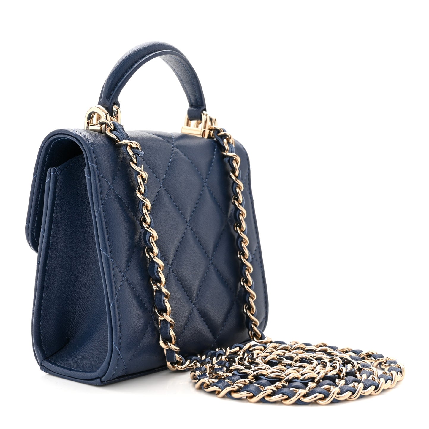 Lambskin Quilted Top Handle Clutch With Chain Blue