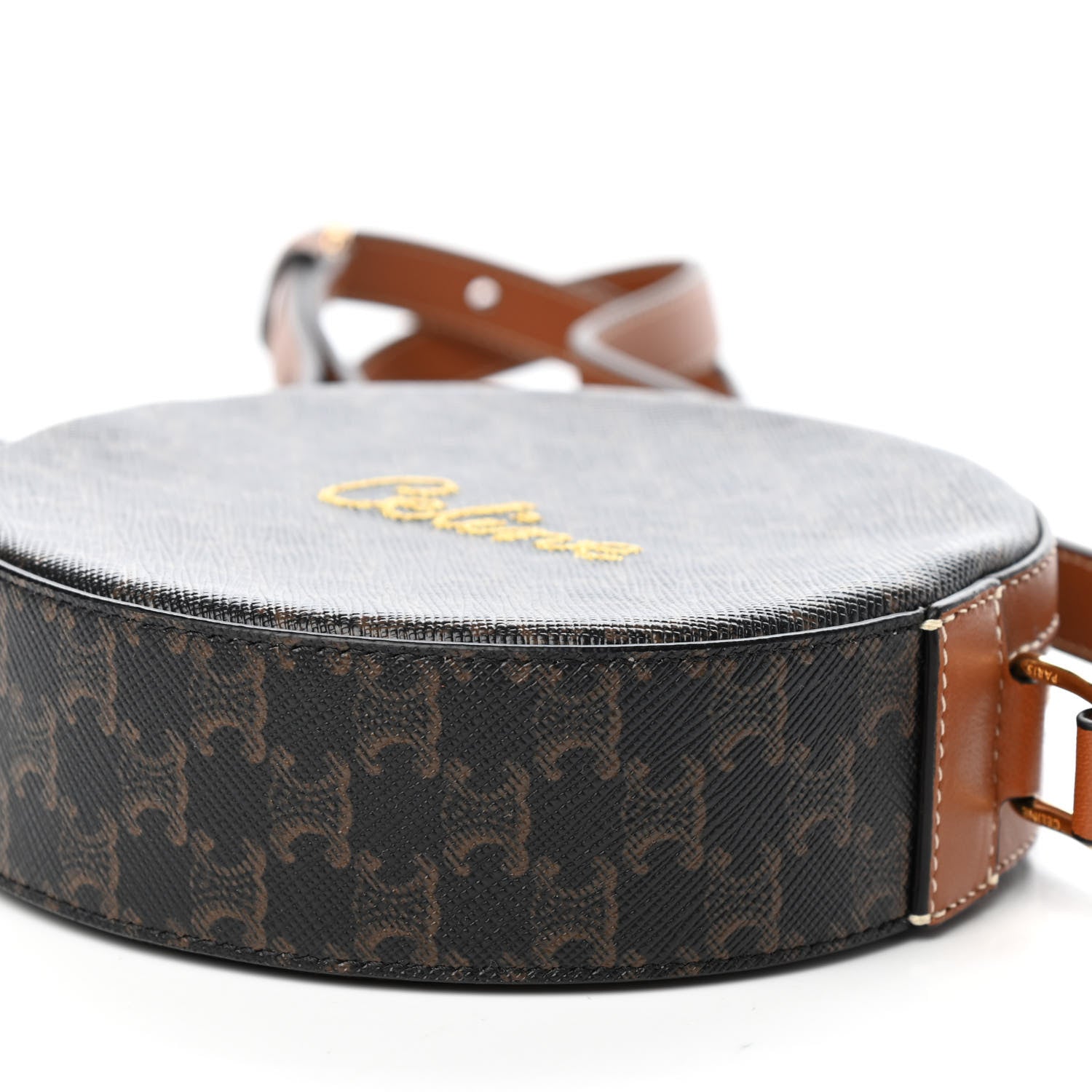 Celine Triomphe Canvas Embroidered Logo Round Purse On Strap Black Tan 8 of 9