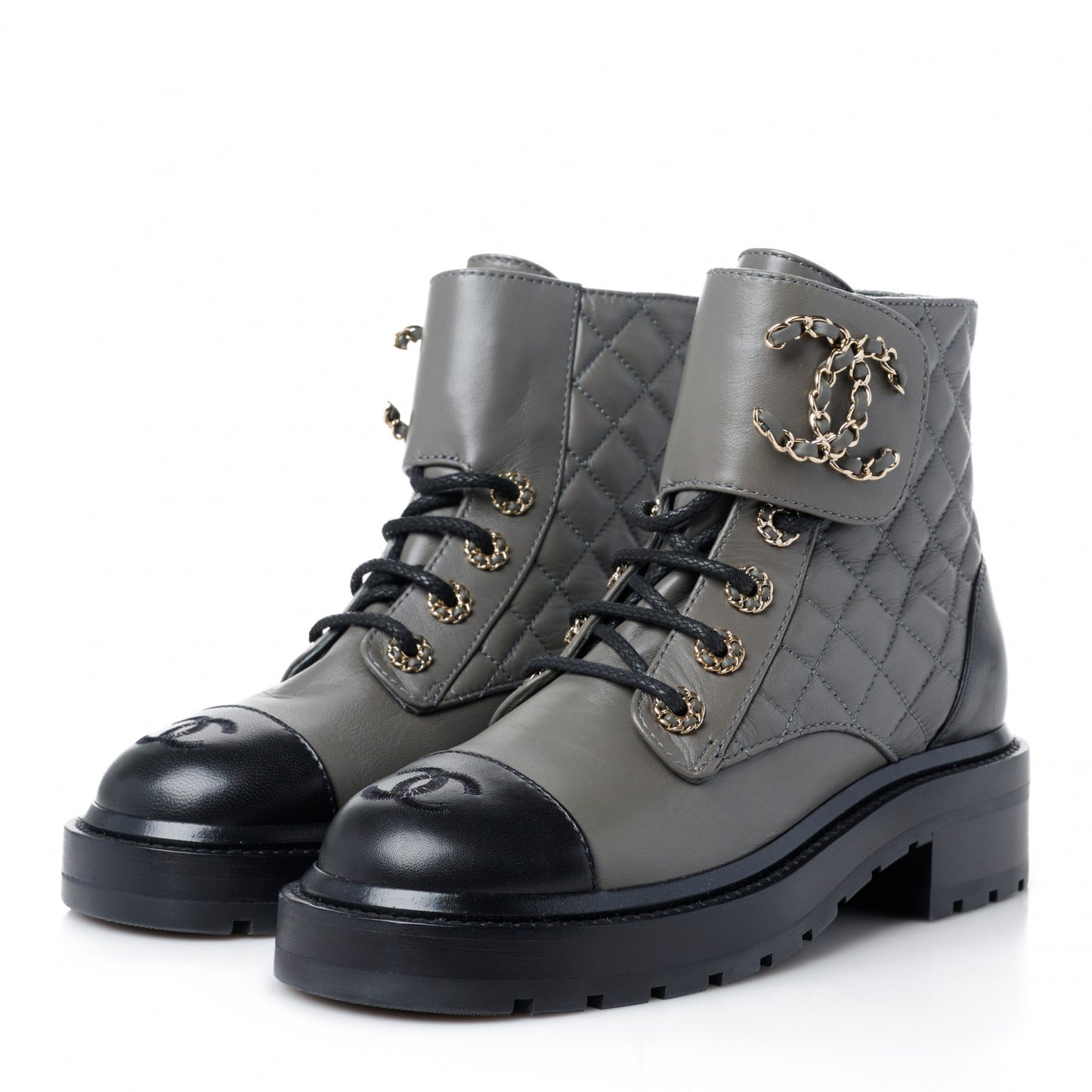 Shiny Lambskin Quilted Lace Up Combat Boots 35 Grey Black