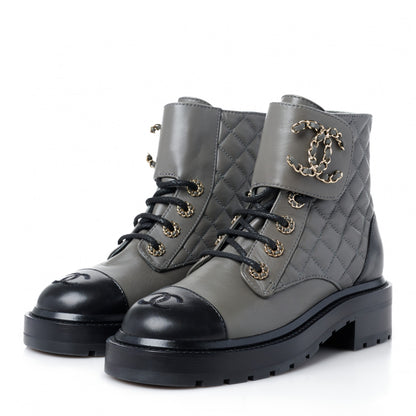 Chanel Shiny Lambskin Quilted Lace Up Combat Boots 35 Grey Black 3 of 10