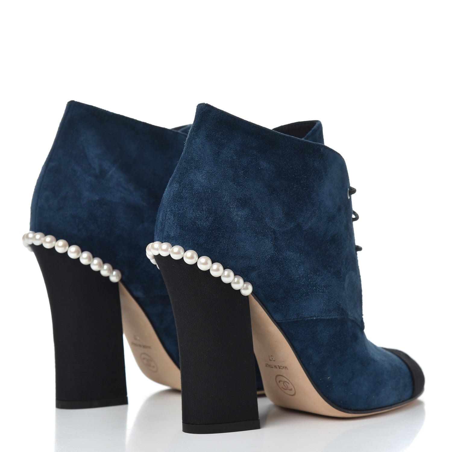 Chanel Suede Grosgrain Pearl Lace Up Booties 37 Dark Blue Black 4 of 16