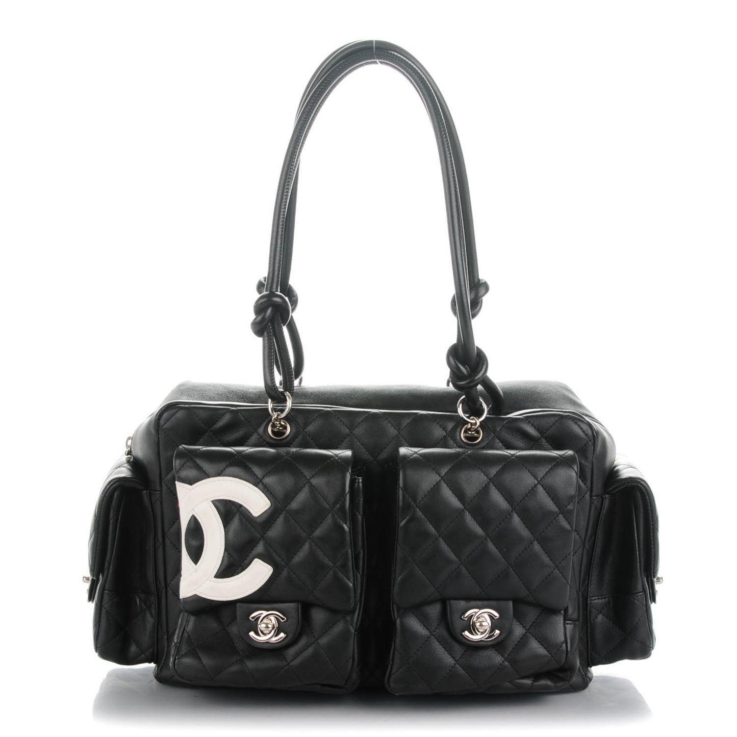 Calfskin Quilted Large Cambon Multipocket Reporter Black White