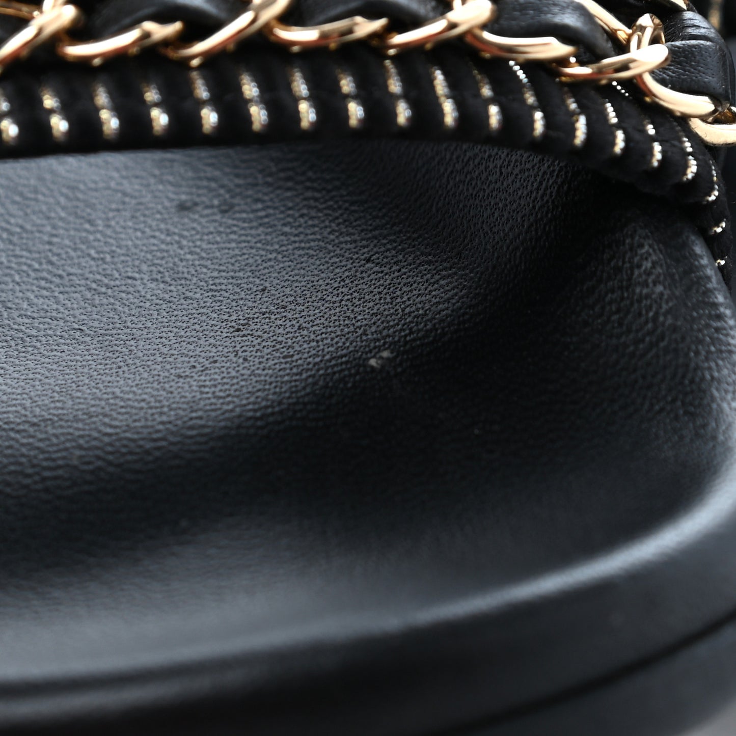Calfskin Chain Camellia Flat Sandals 36 Black