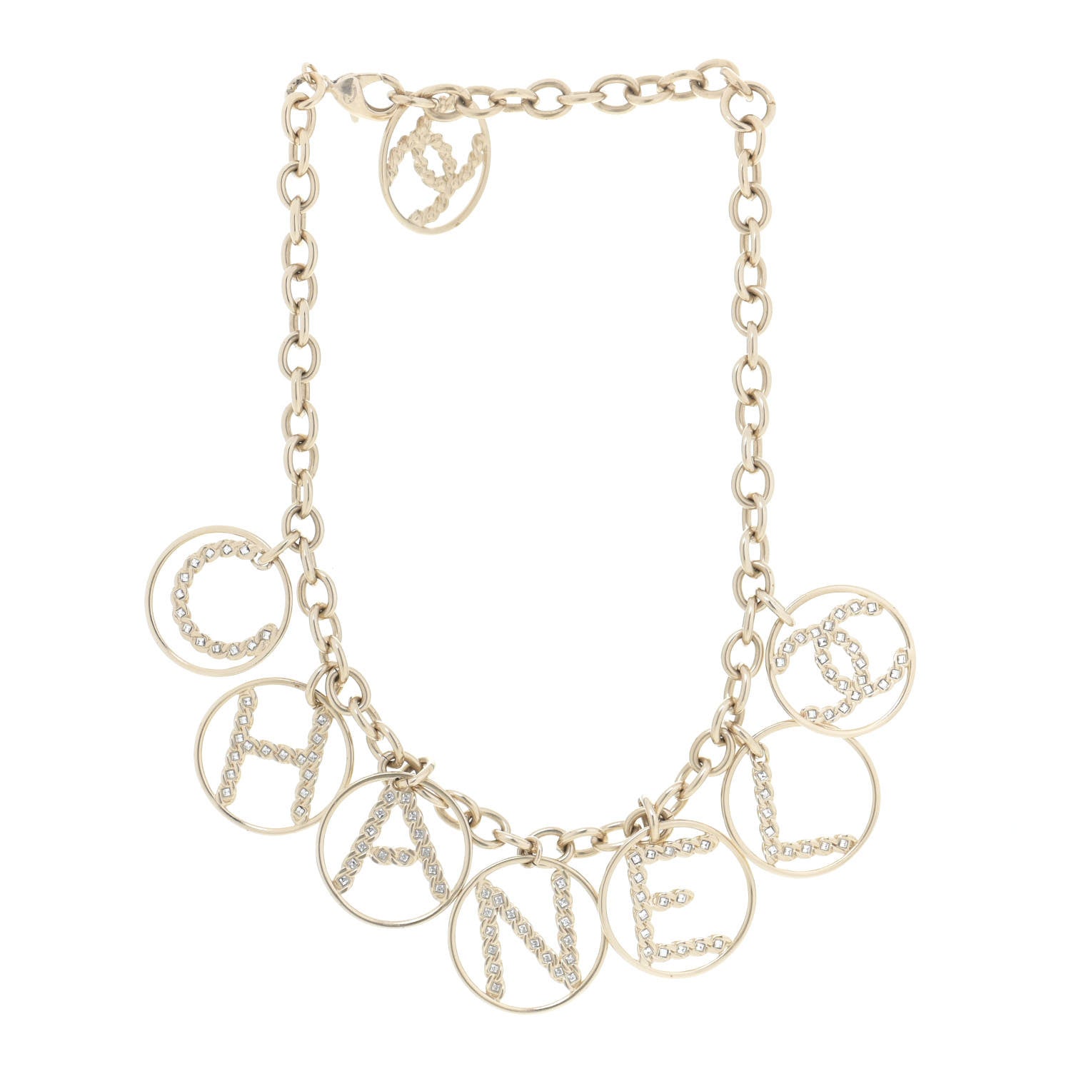 Chanel Metal Strass Crystal Logo Necklace Gold 2 of 5