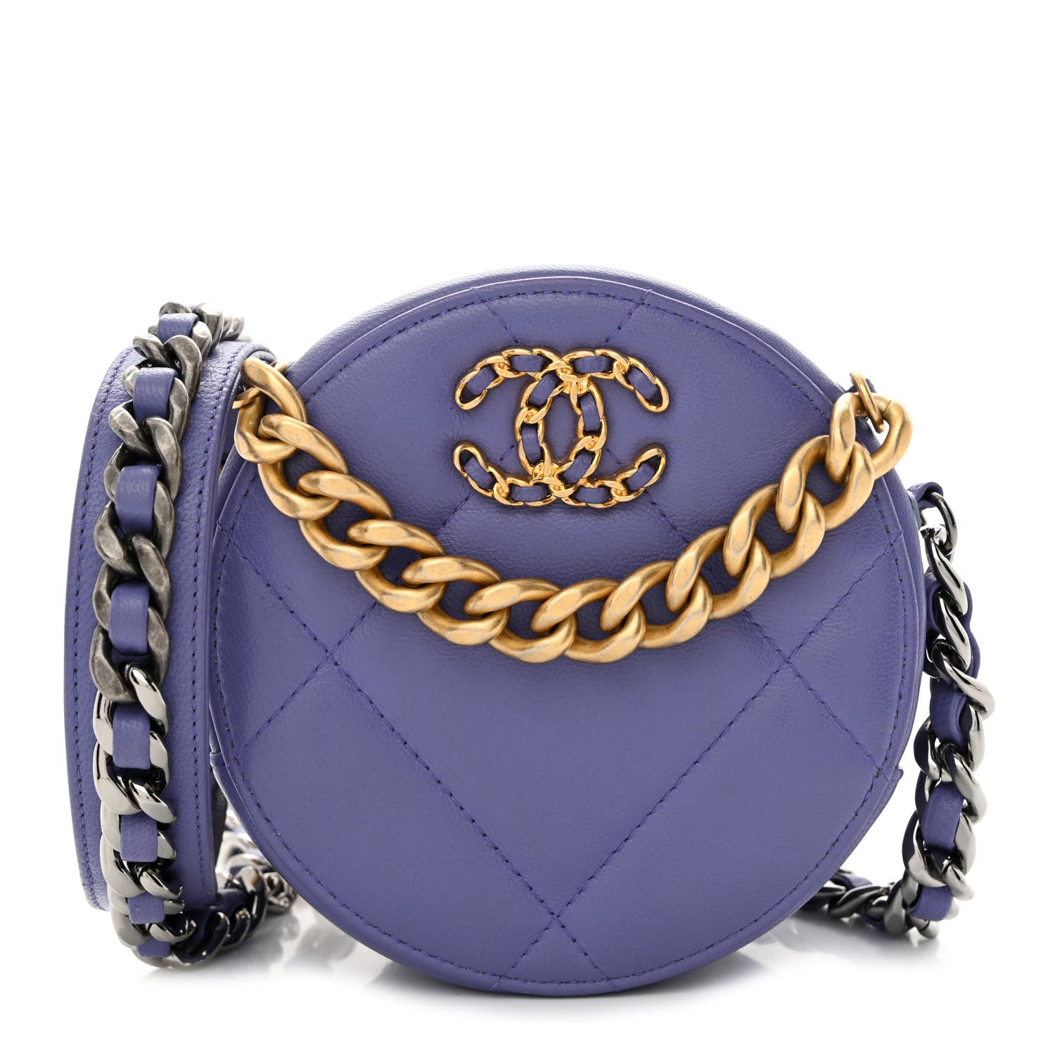 image of CHANEL Lambskin Quilted Chanel 19 Round Clutch With Chain in the color Purple by FASHIONPHILE