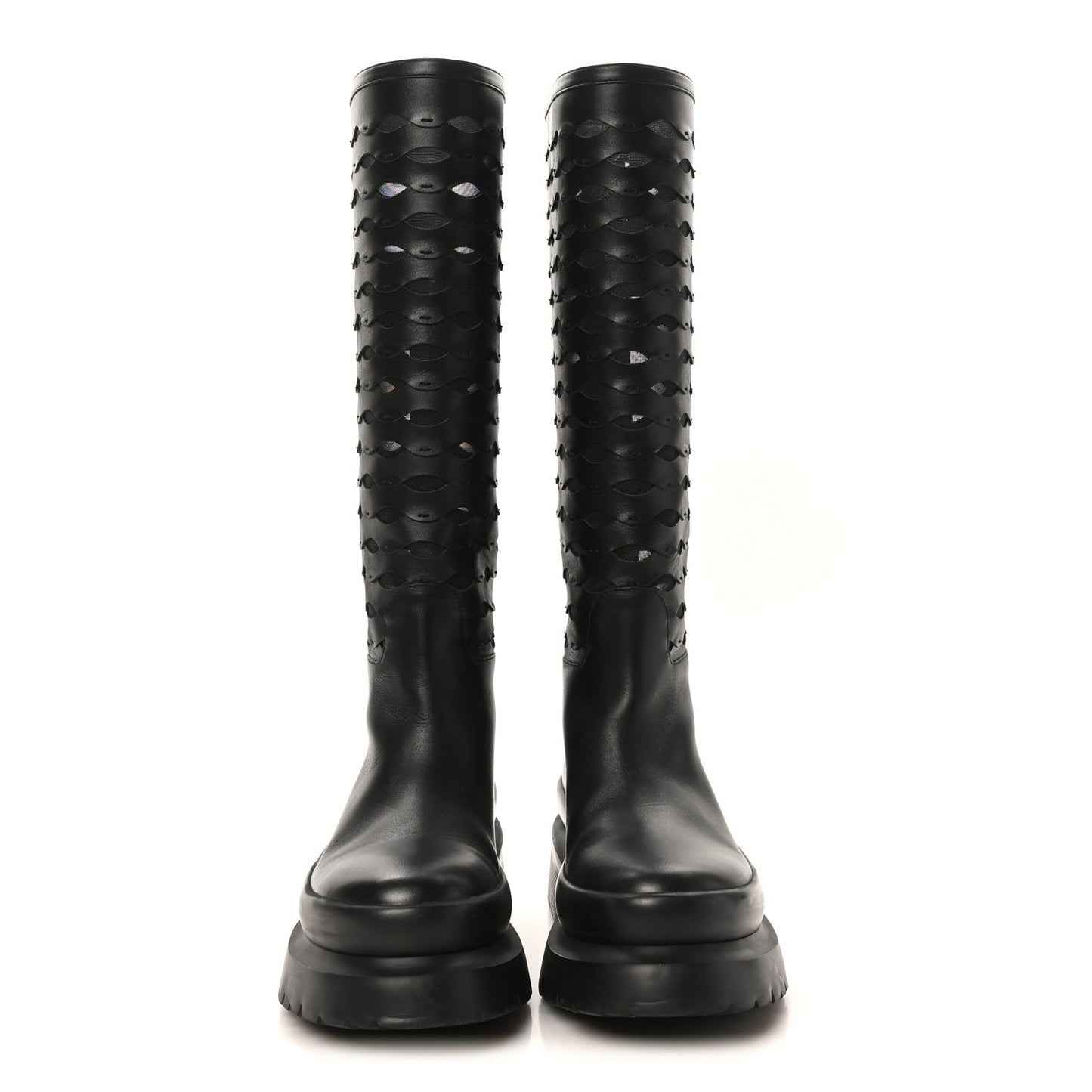 Calfskin Mesh Roman Stud Laser Cut Knee High Boots 37 Black