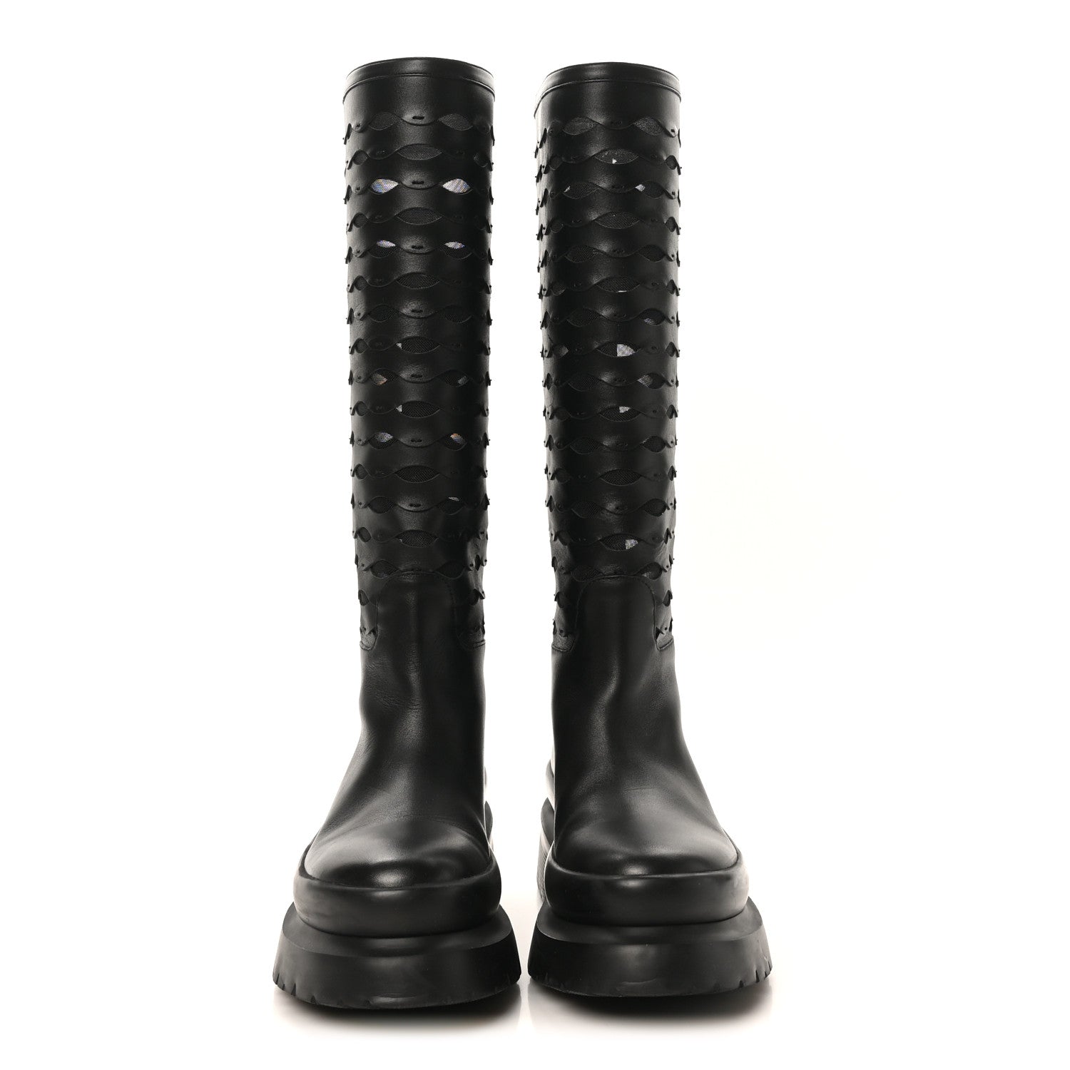 Valentino Garavani Calfskin Mesh Roman Stud Laser Cut Knee High Boots 37 Black 3 of 11