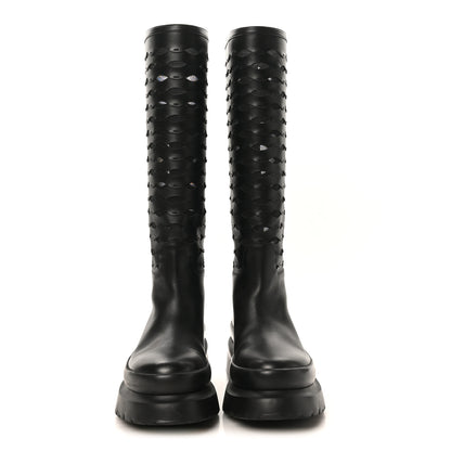 Valentino Garavani Calfskin Mesh Roman Stud Laser Cut Knee High Boots 37 Black 3 of 11