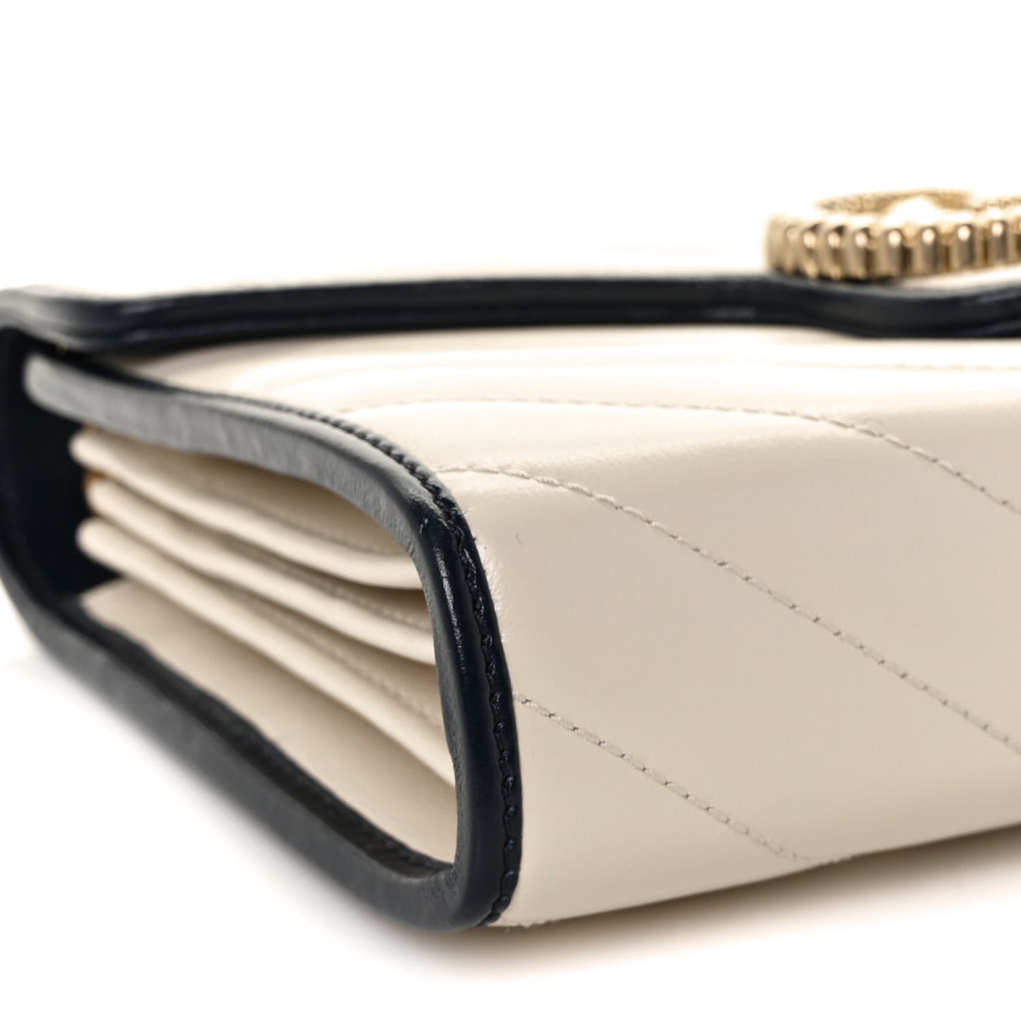 Vintage Effect Calfskin Matelasse Diagonal Torchon GG Marmont Chain Wallet Mystic White Blue Agata