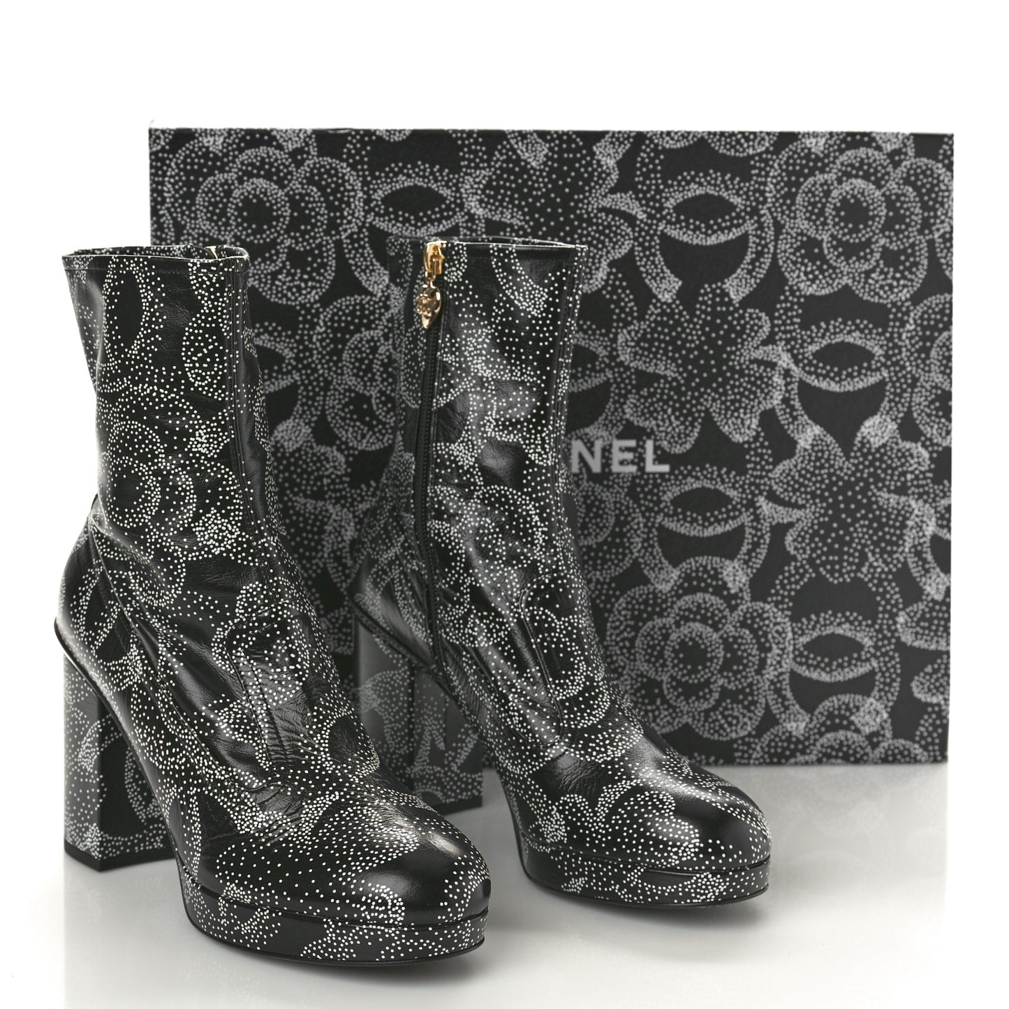 Calfskin Camellia Printed Ankle Boots 38.5 Black White