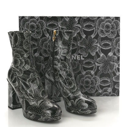 Chanel Calfskin Camellia Printed Ankle Boots 38.5 Black White 11 of 11