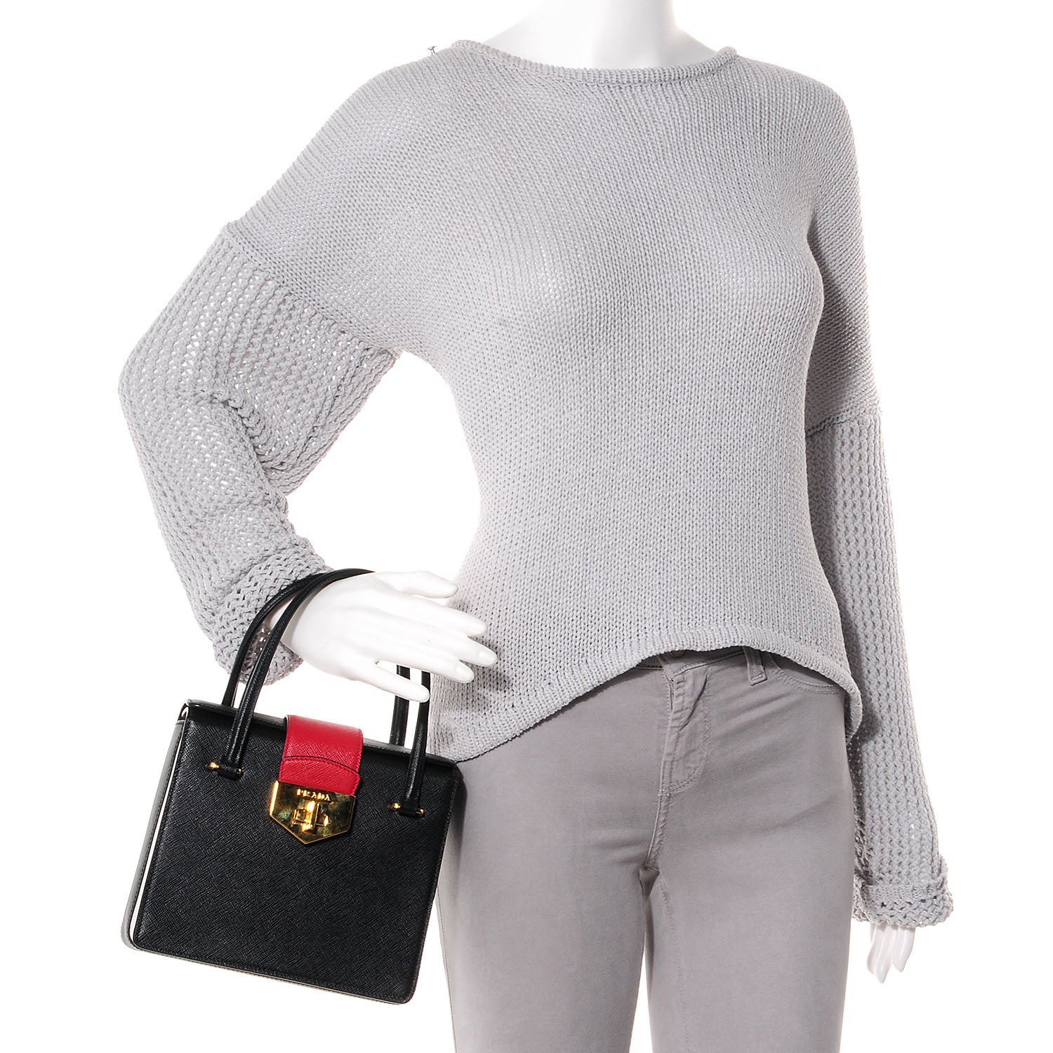 Prada Saffiano Tri-Color Turn Lock Satchel Black Talco Rosso 2 of 10
