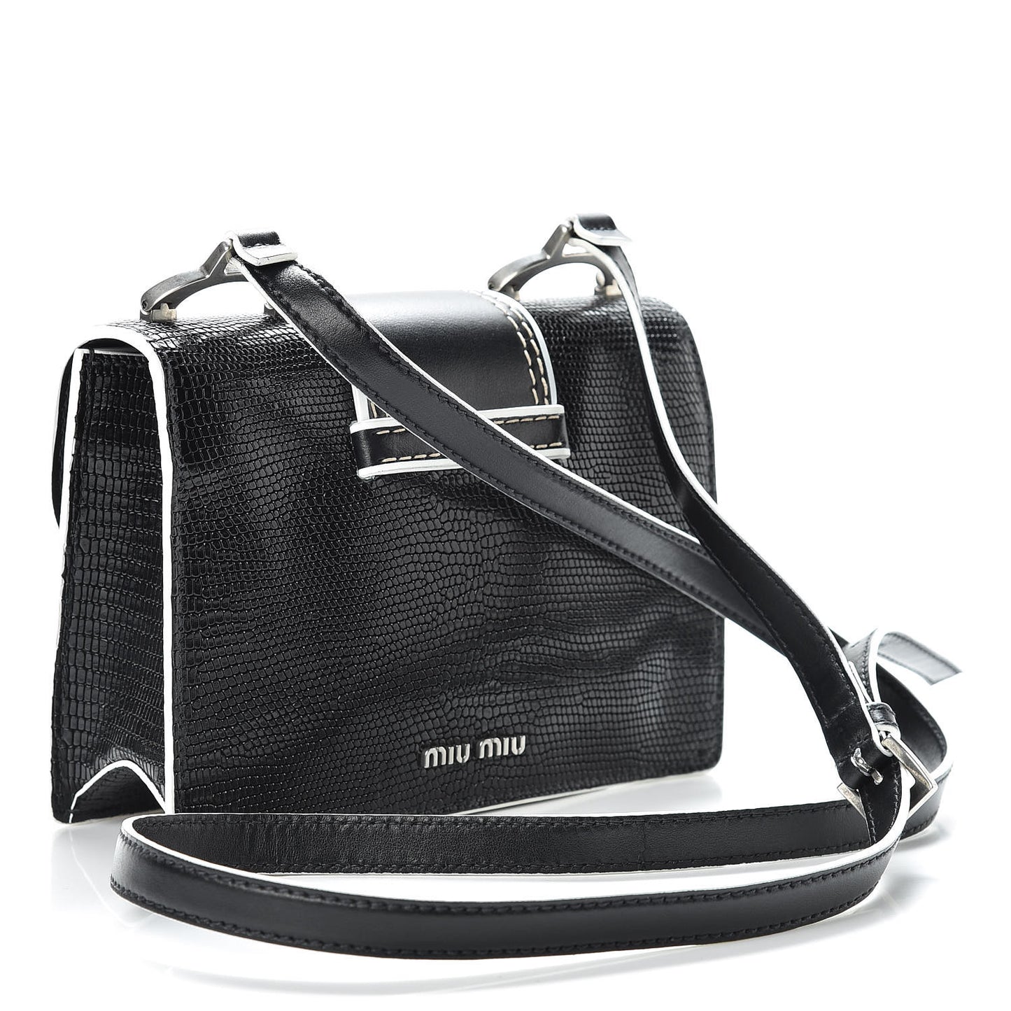 Embossed Lizard Calfskin Crystal Embellished Saint Lucertola Shoulder Bag Black
