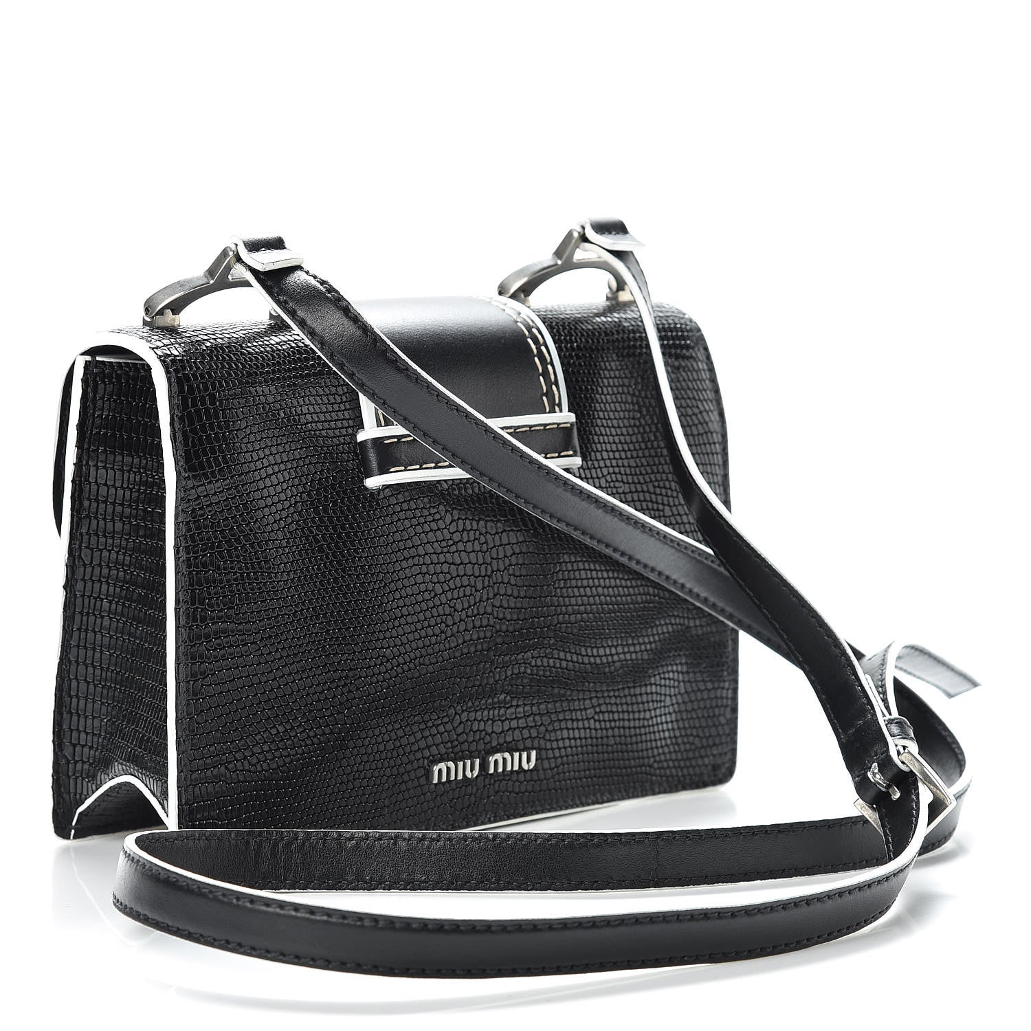 Miu Miu Embossed Lizard Calfskin Crystal Embellished Saint Lucertola Shoulder Bag Black 3 of 12