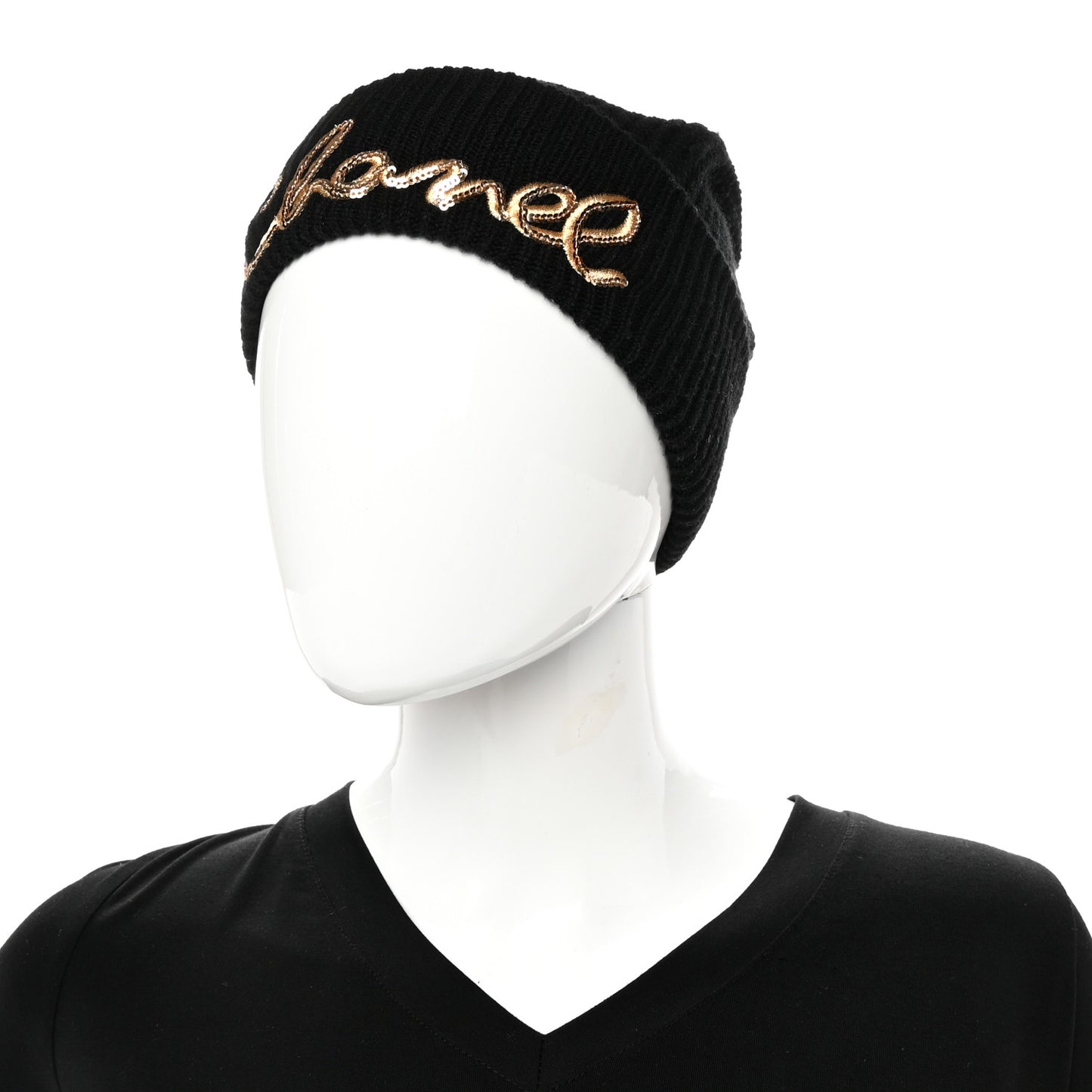 Cashmere Sequin Logo Beanie Hat Black Gold