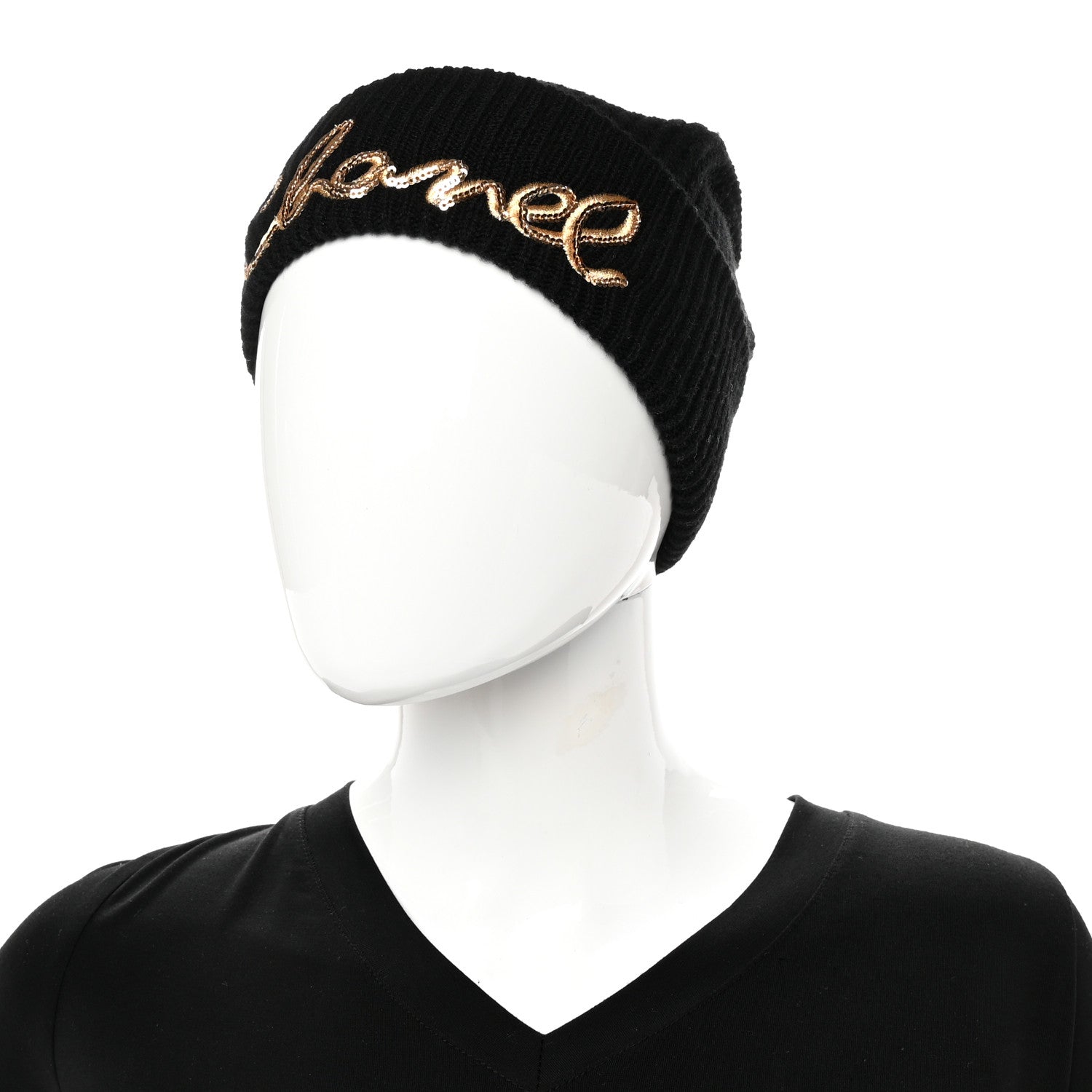 Chanel Cashmere Sequin Logo Beanie Hat Black Gold 2 of 5