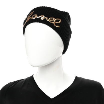 Chanel Cashmere Sequin Logo Beanie Hat Black Gold 2 of 5