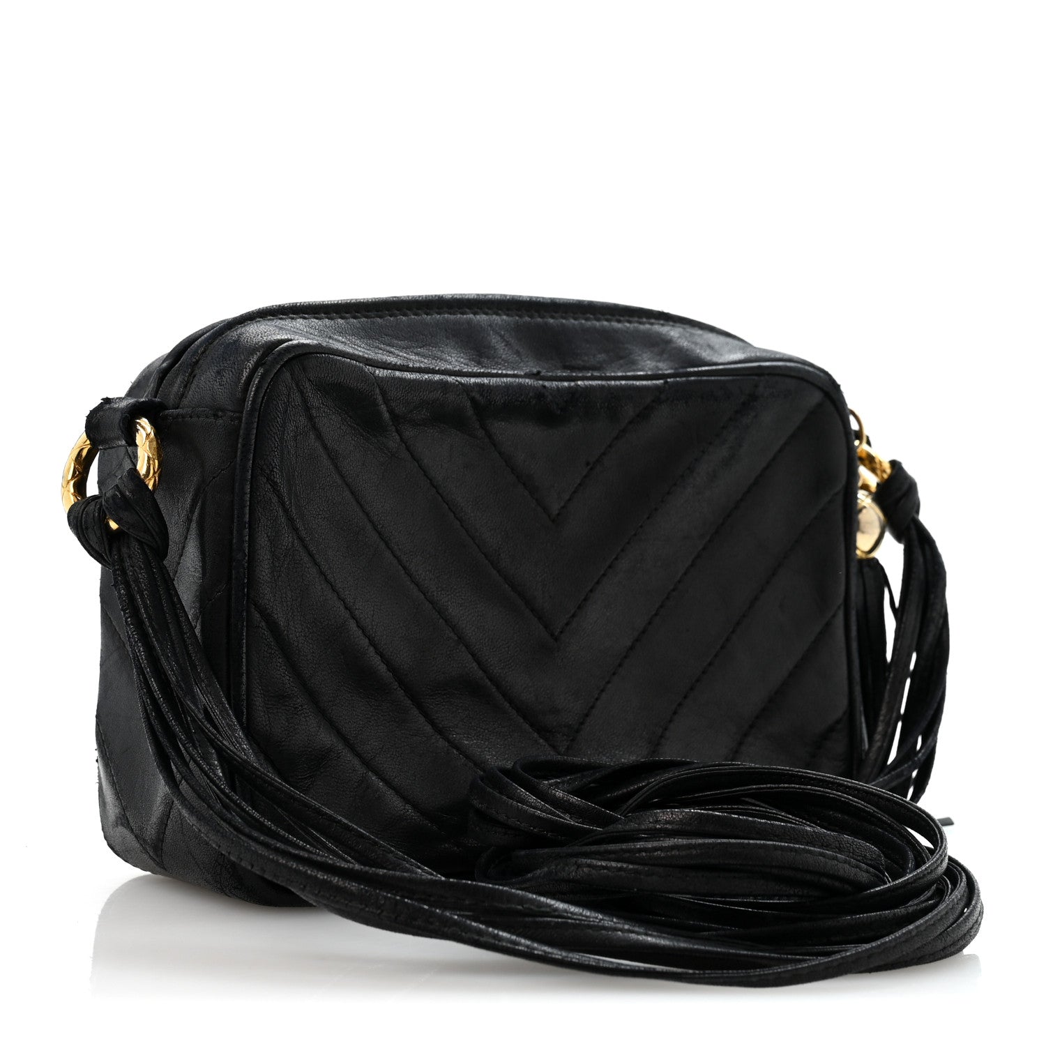 Chanel Lambskin Chevron Quilted Tassel Camera Case Black 3 of 14